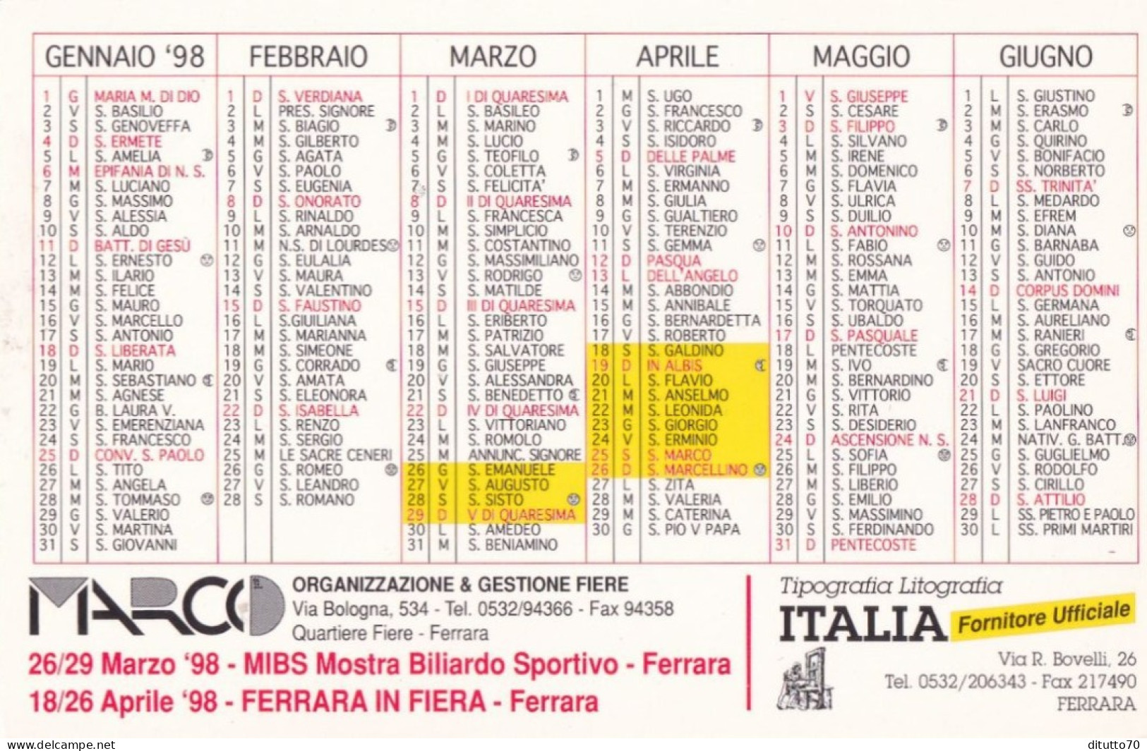 Calendarietto - Tipografia - Italia - Ferrara In Fiera - Anno 1998 - Klein Formaat: 1991-00