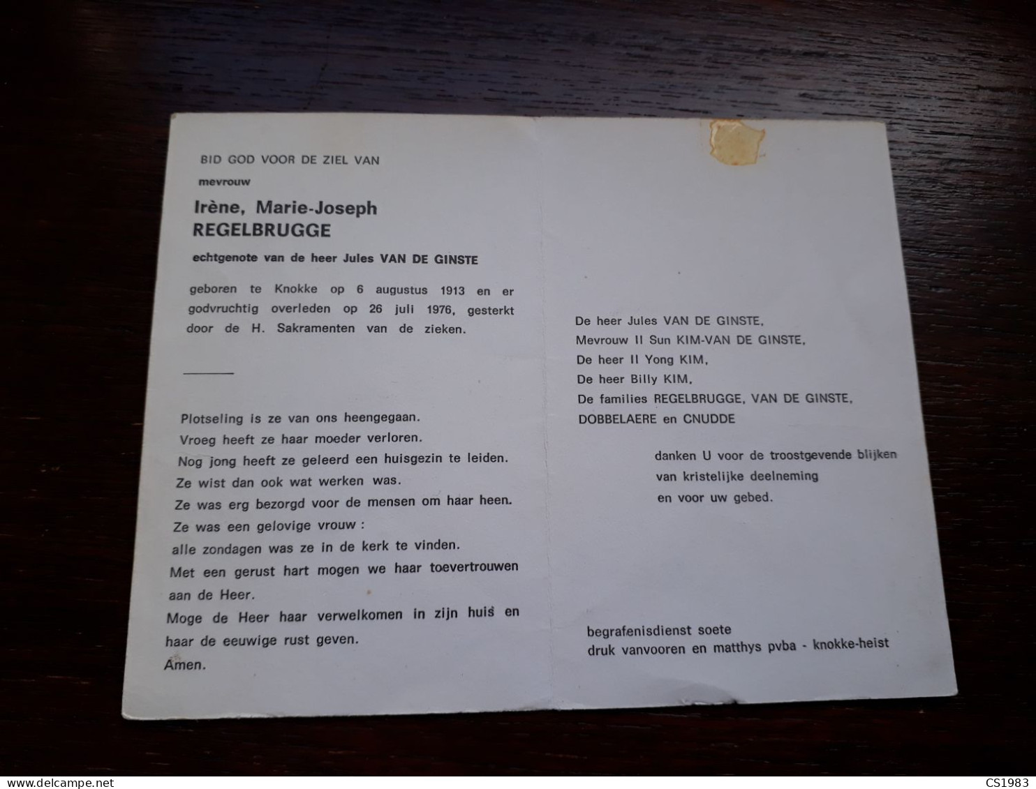 Irène Marie-Joseph Regelbrugge ° Knokke 1913 + Knokke 1976 X Jules Van Der Ginste (Fam: Dobbelaere - Cnudde) - Obituary Notices