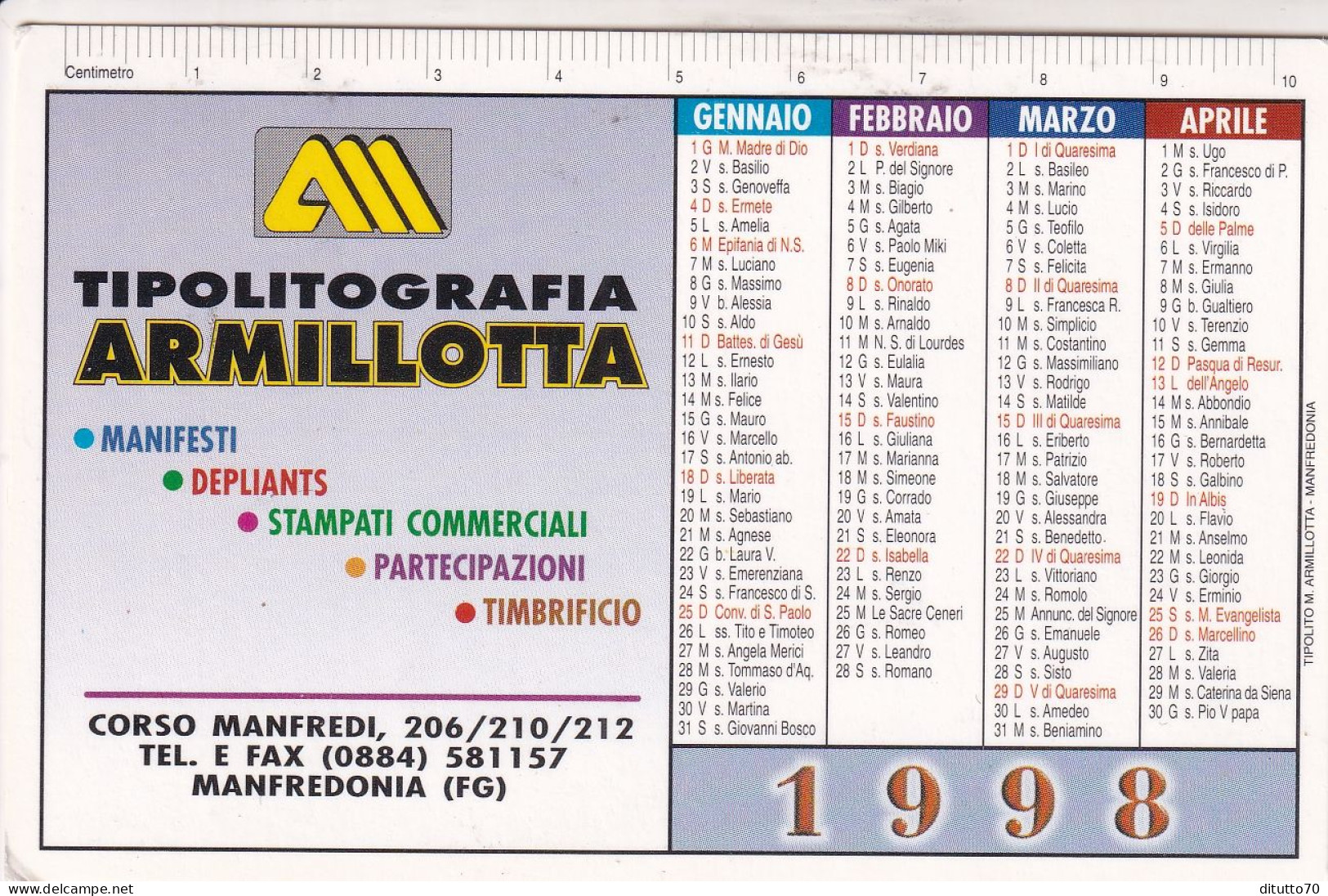 Calendarietto - Tipolitografia - Armillotta - Manfredonia -foggia - Anno 1998 - Petit Format : 1991-00