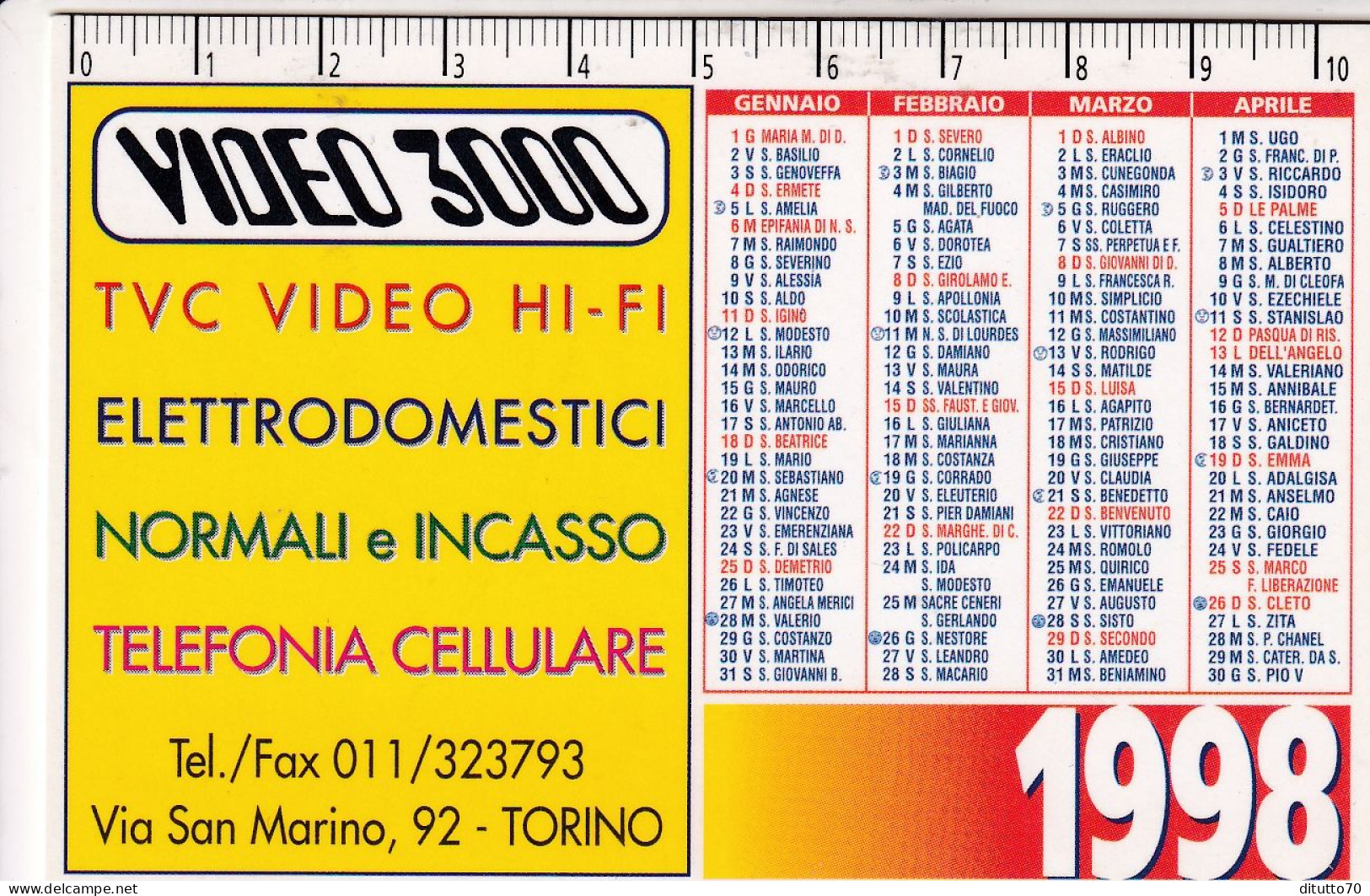 Calendarietto - Video 3000 - Torino - Anno 1998 - Formato Piccolo : 1991-00