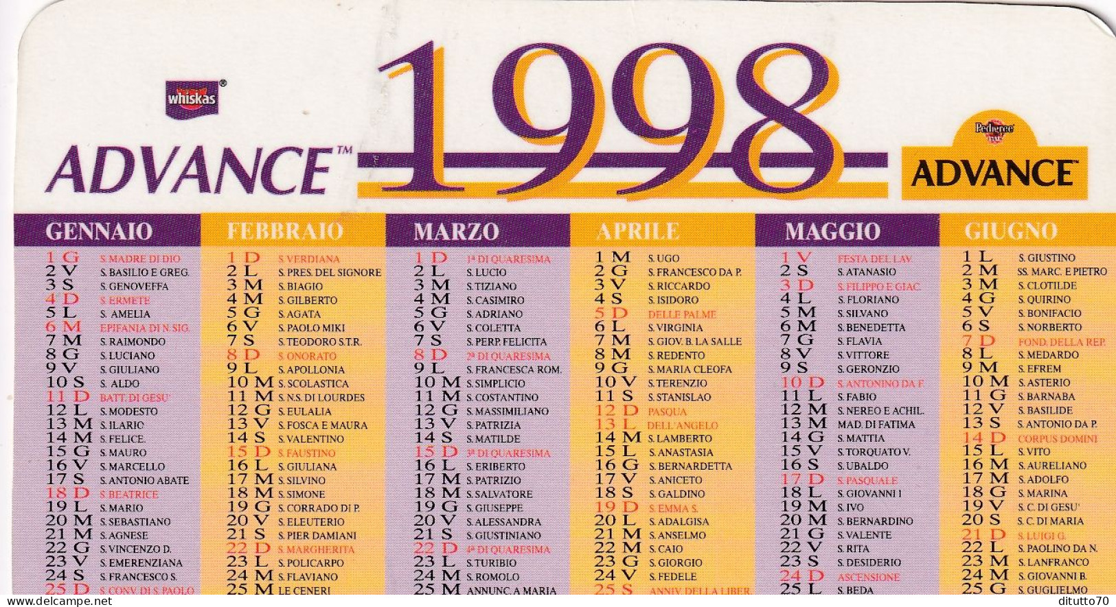 Calendarietto - Whiskas - Advance - Anno 1998 - Small : 1991-00