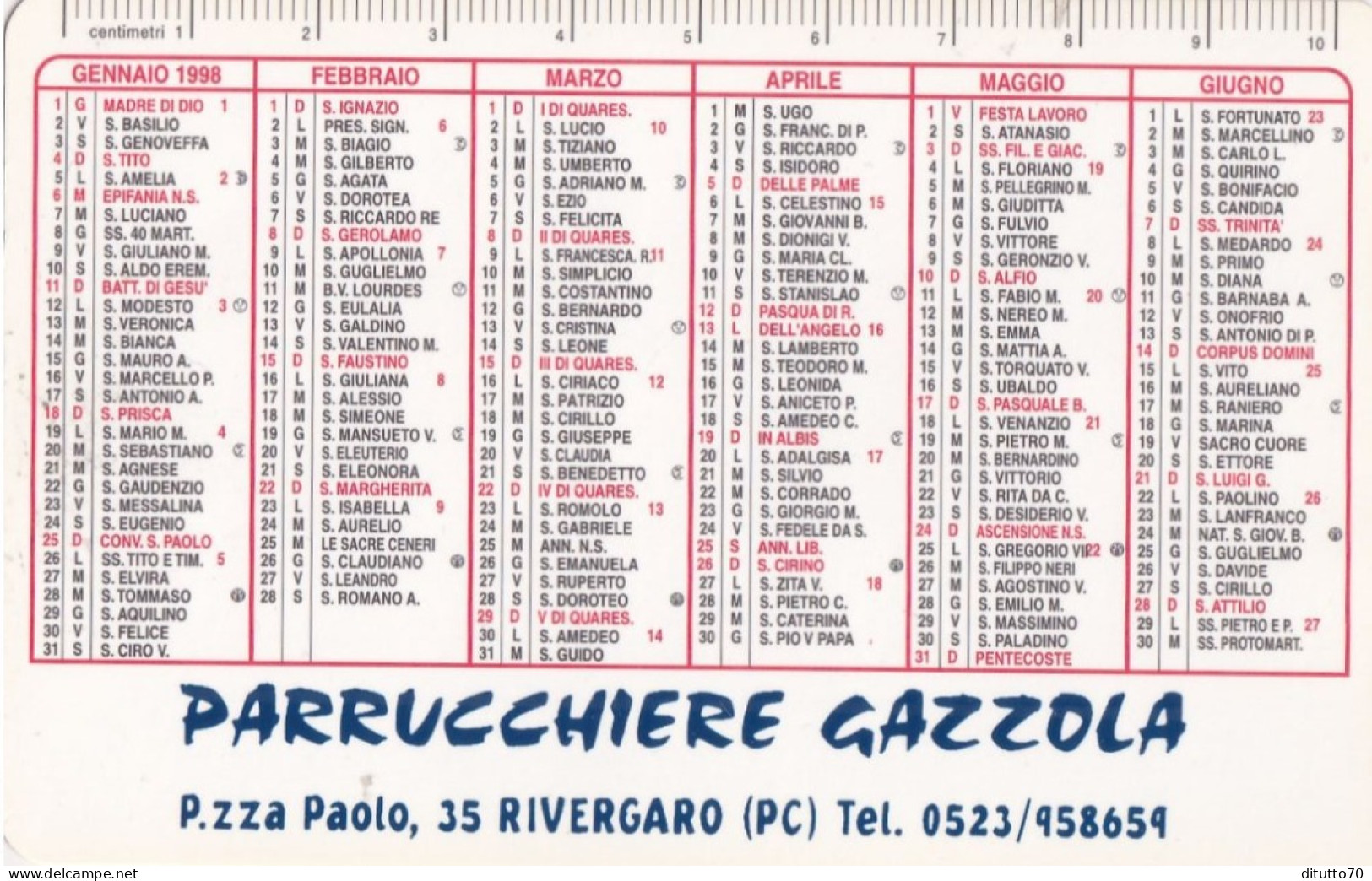 Calendarietto -parrucchiere Gazzola - Rivergario - Piacenza - Anno 1998 - Tamaño Pequeño : 1991-00