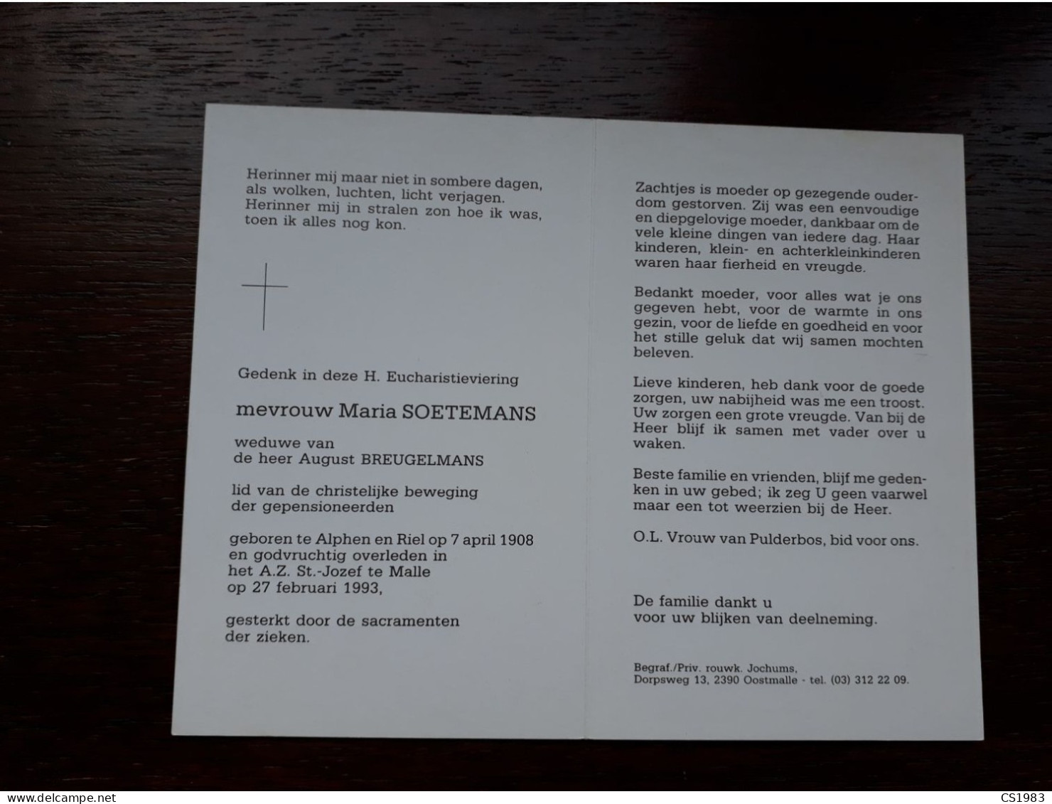 Maria Soetemans ° Alphen En Riel 1908 + Malle 1993 X August Breugelmans - Obituary Notices