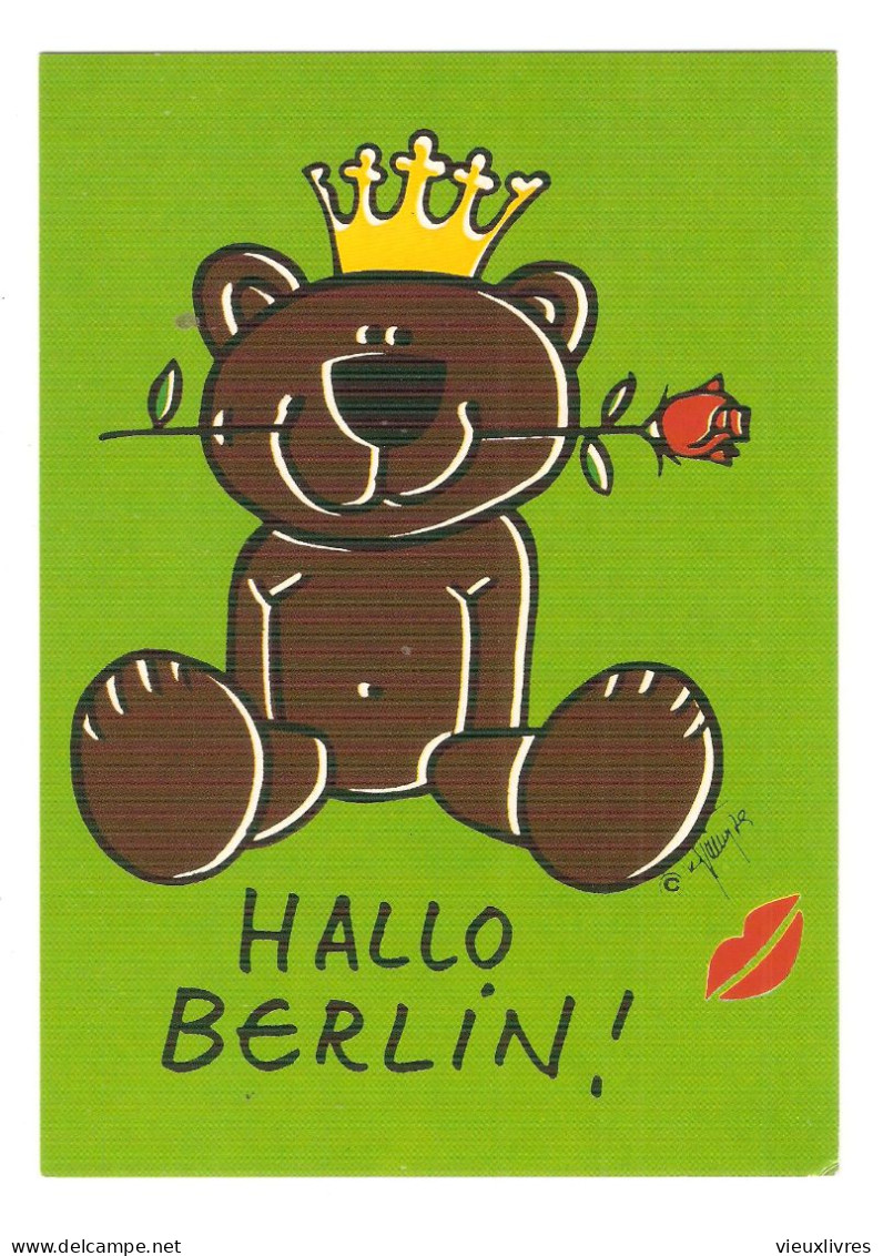 Hallo Berlin Carte Postale Illustrée Avec Ours En Peluche, Rose Et Baiser - Jeux Et Jouets