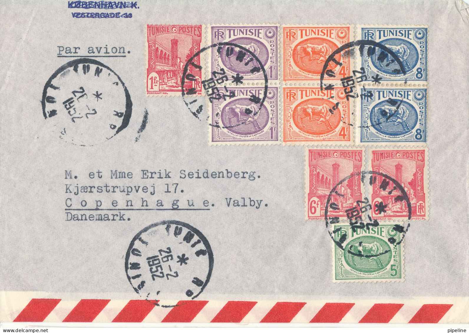 Tunisia Air Mail Cover Sent To Denmark 26-2-1952 With A Lot Of Stamps - Tunisie (1956-...)