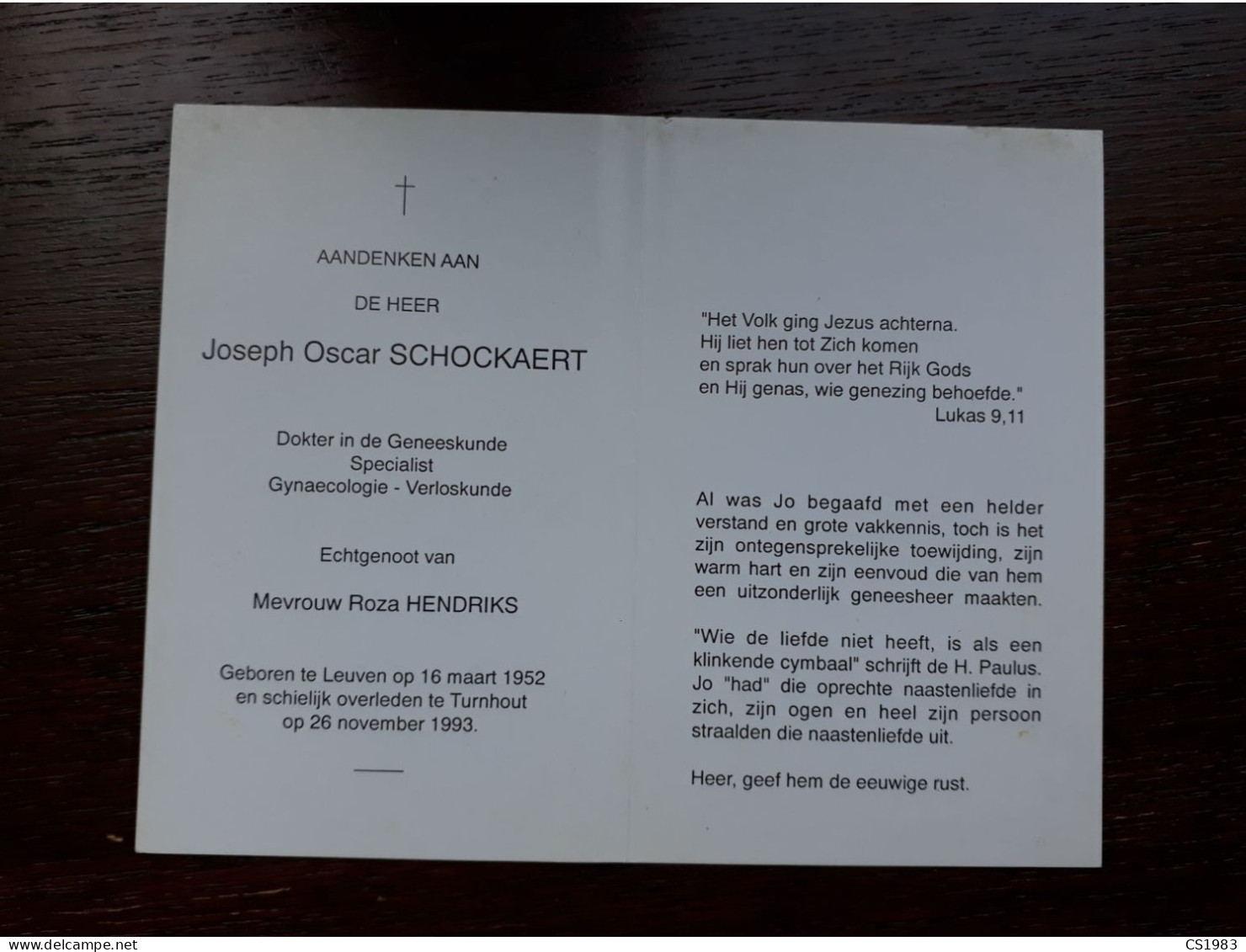 Dokter In De Geneeskunde - Joseph Oscar Schockaert ° Leuven 1952 + Turnhout 1993 X Roza Hendriks - Todesanzeige