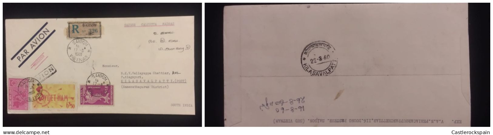 O) 1960 VIETNAM, CIRCULATED AIRMAIL, REGISTERED TO KILASAVALPATTI, - Vietnam