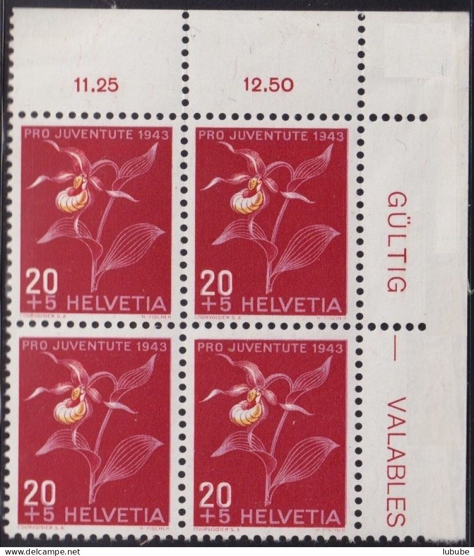 Frauenschuh J107, 20 Rp.d'rot/gelb  (Viererblock / Druckverschiebung)       1943 - Unused Stamps