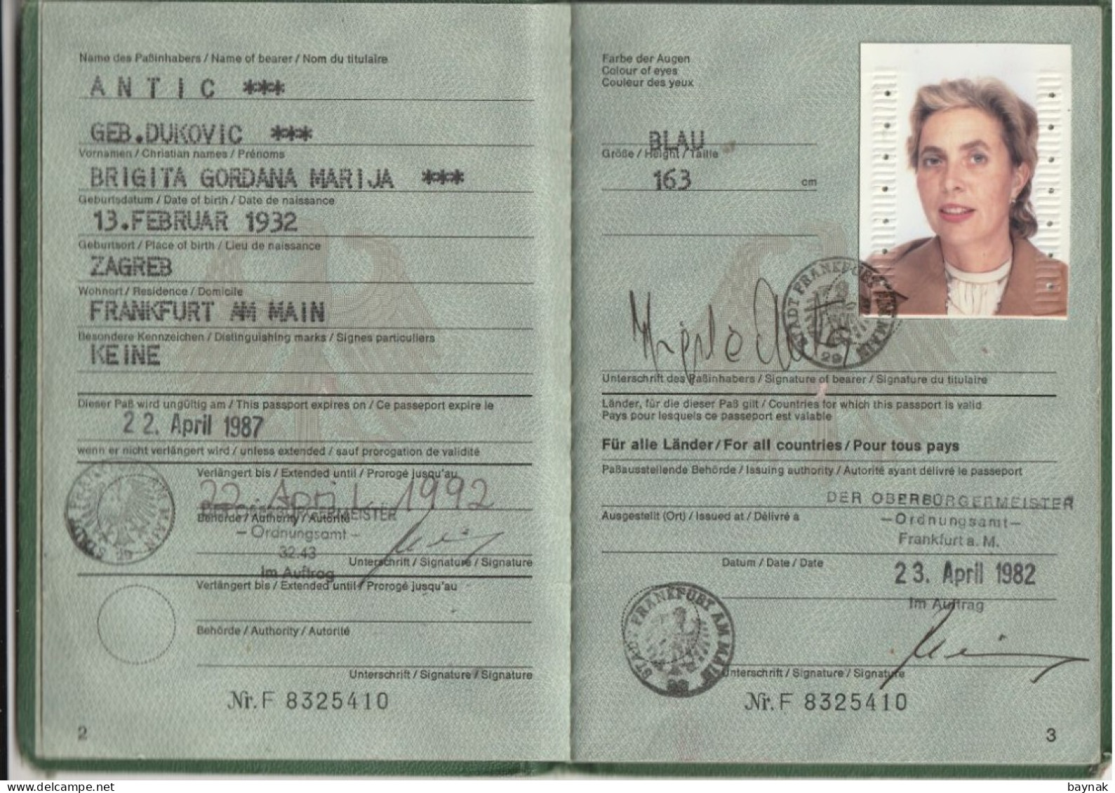 Q156  --  PASSPORT  --  DEUTSCHLAND  --  1982  --  LADY PHOTO  --  ANTIGUA & BARBUDA  -   THAILAND - ARABIAN COUNTRY - Documentos Históricos