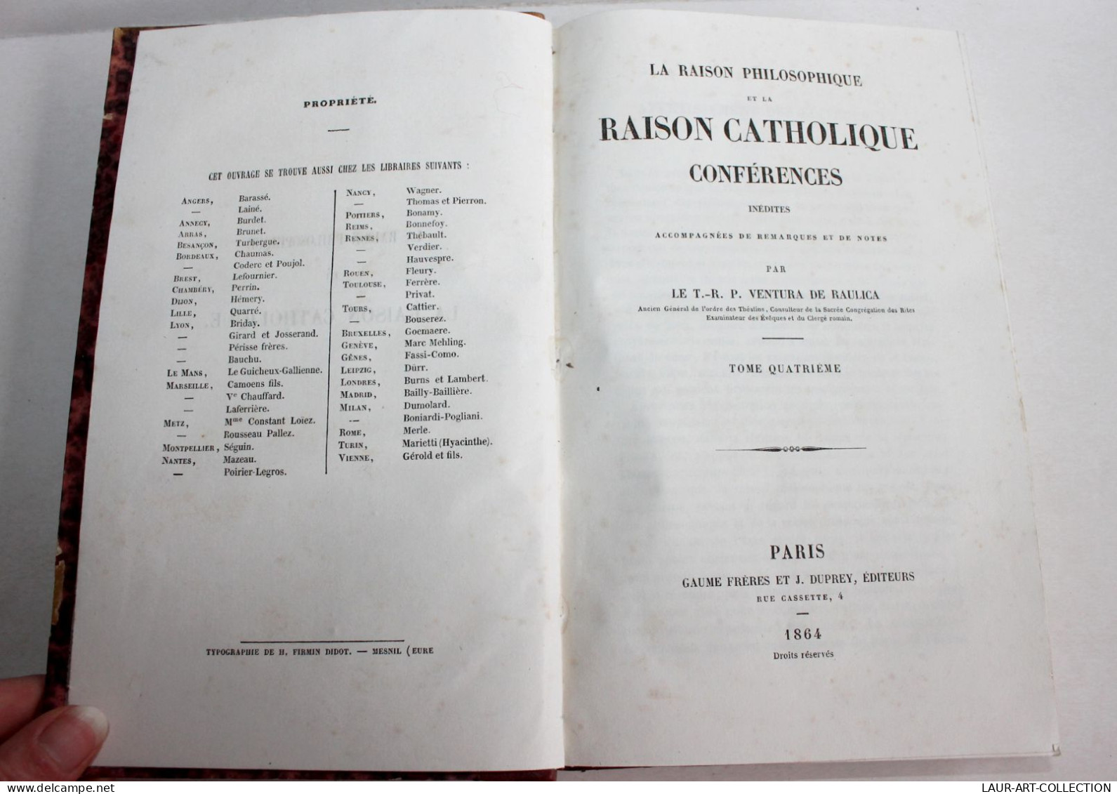 RAISON PHILOSOPHIQUE Et RAISON CATHOLIQUE CONFERENCES De VENTURA DE RAULICA 1864 / ANCIEN LIVRE XIXe SIECLE (1803.174) - Psychologie/Philosophie