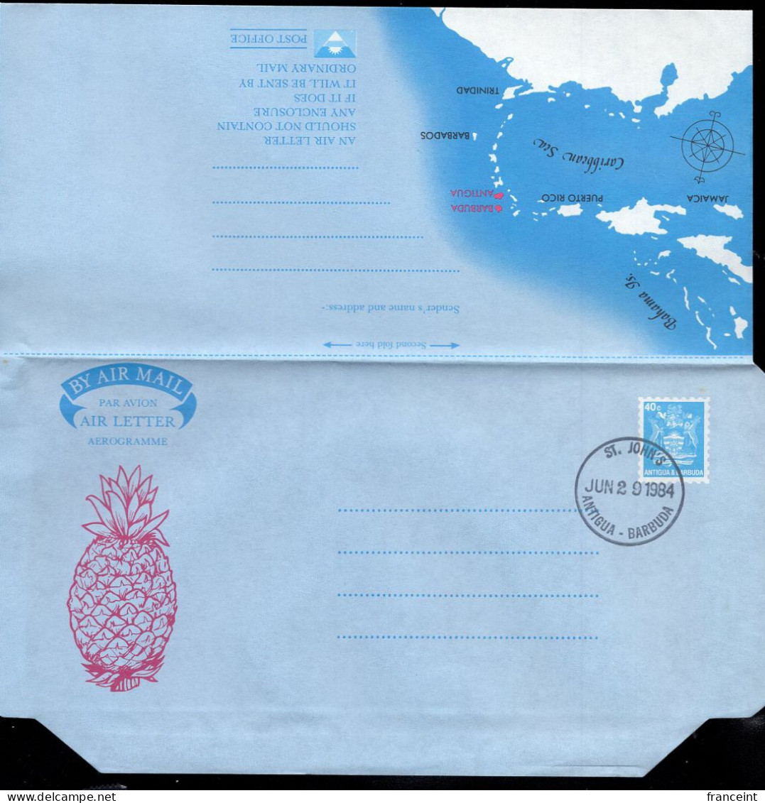 ANTIGUA(1984) Pineapple. Map Of Caribbean. 40c Illustrated Aerogramme. - Antigua En Barbuda (1981-...)