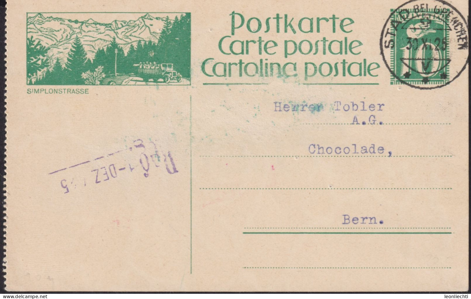 Schweiz Ganzsache, 1925 Postkarte , Simplonstrasse ° STAD Bei Grenchen 30.XI.25 Chocolade Tobler AG - Ganzsachen