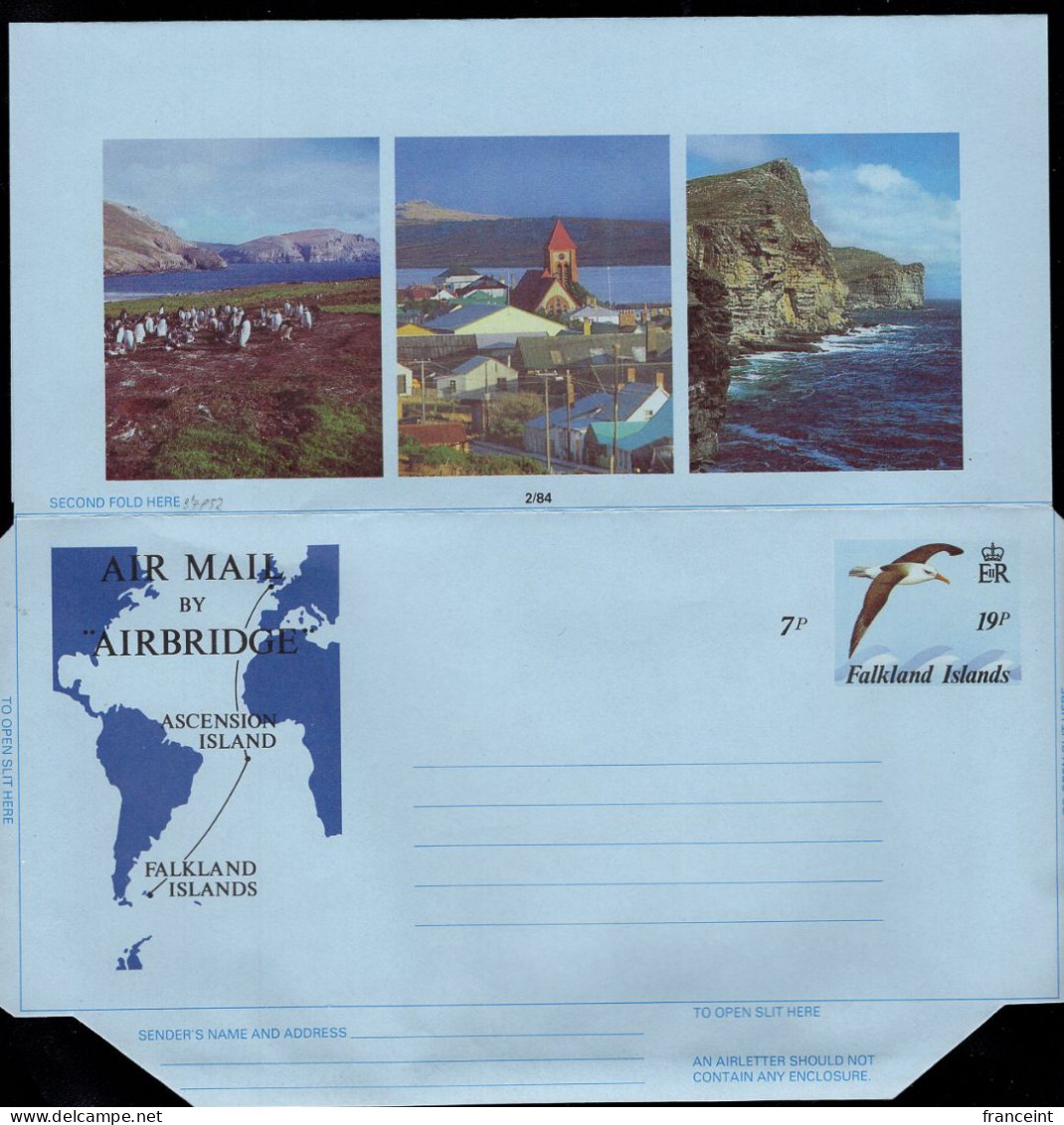 FALKLAND ISLANDS(1984) Map Of Route. Seabird. Penguins. 19p Illustrated Aerogramme. - Islas Malvinas