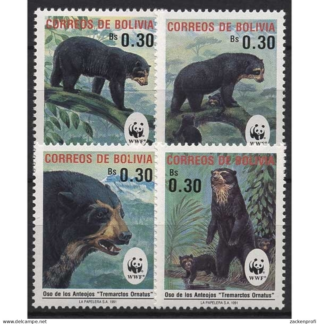 Bolivien 1991 Weltweiter Naturschutz: Brillenbär 1137/1140 Postfrisch - Bolivien