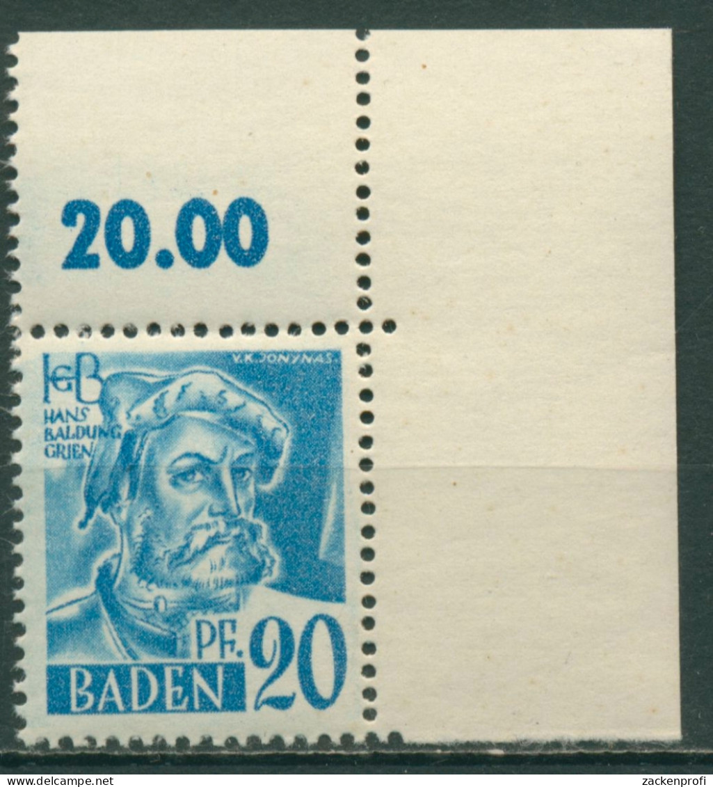 Franz. Zone: Baden 1947 Hans Baldung Type I Ecke O. Re. 7 Yv I Postfrisch - Bade