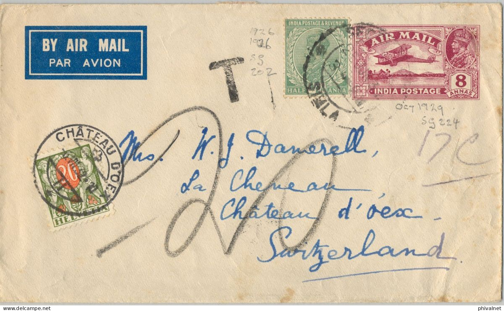 1932 INDIA , CORREO AÉREO , SOBRE ENTERO POSTAL CIRCULADO A CHATEAU D'OEX , TASA , TAX , TAXE - 1911-35 King George V