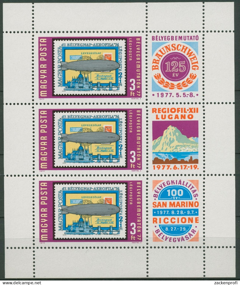 Ungarn 1977 Briefmarkenausstellungen Kleinbogen 3201 A K Postfrisch (C92827) - Blocs-feuillets