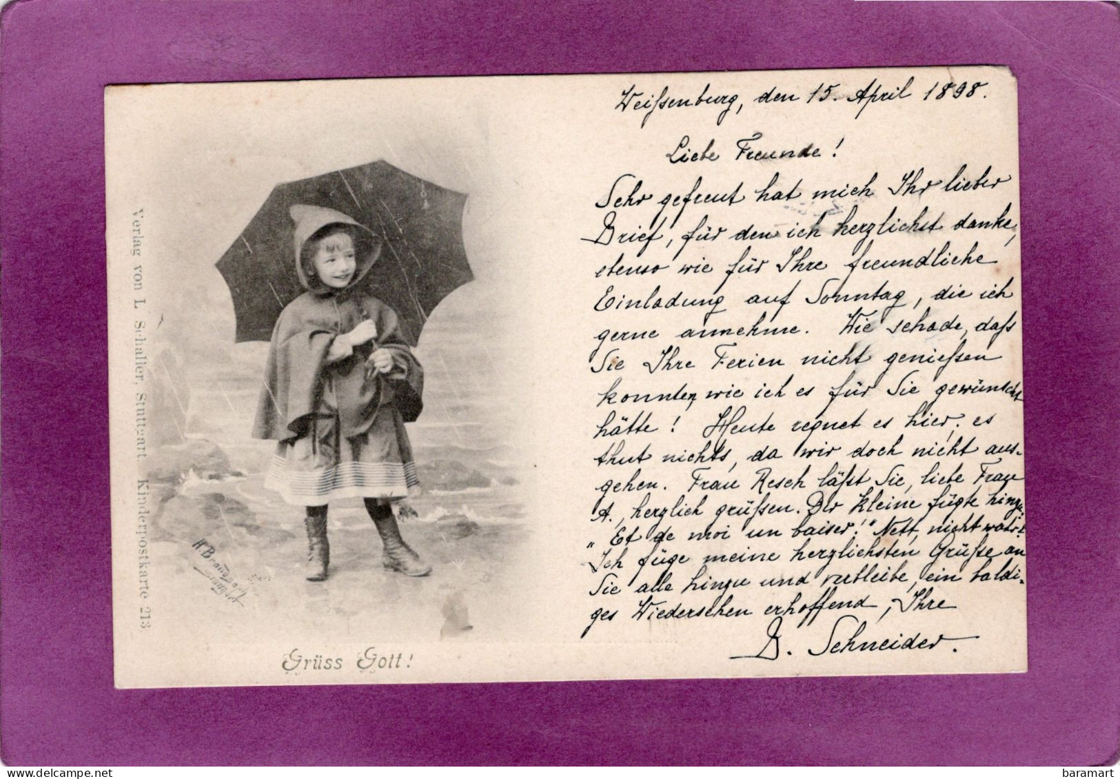 Grüss Gott ! Fillette Sous La Pluie Avec Un Parapluie Kleines Mädchen Im Regen Mit Einem Regenschirm Kinderpostkarte 213 - Sonstige & Ohne Zuordnung
