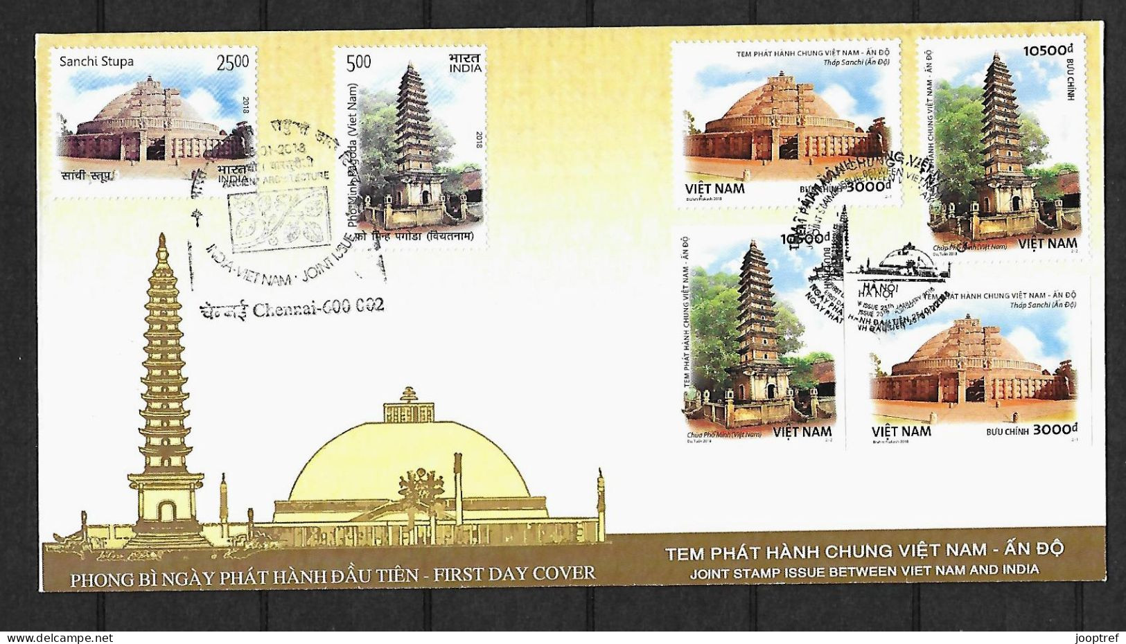 2018 RARE Joint Vietnam And India, MIXED FDC VIETNAM WITH ALL STAMPS: Temples - Gemeinschaftsausgaben