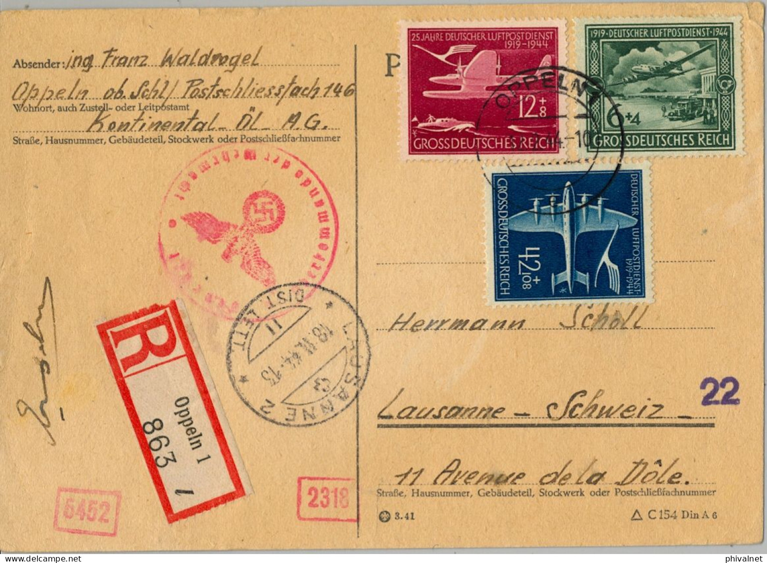 1944 OPPELN - LAUSANNE , T.P. CERTIFICADA , LLEGADA , CENSURA , YV. 59 / 61  , 25 º ANIV. SERVICIO POSTAL AÉREO - Covers & Documents