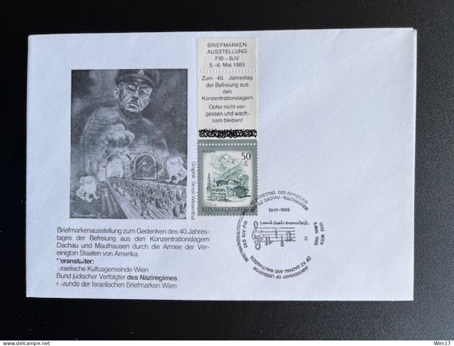 AUSTRIA 1985 SPECIAL COVER 40 YEARS LIBERATION OF DACHAU AND MAUTHAUSEN 05-05-1985 OOSTENRIJK OSTERREICH JUDAICA - Lettres & Documents