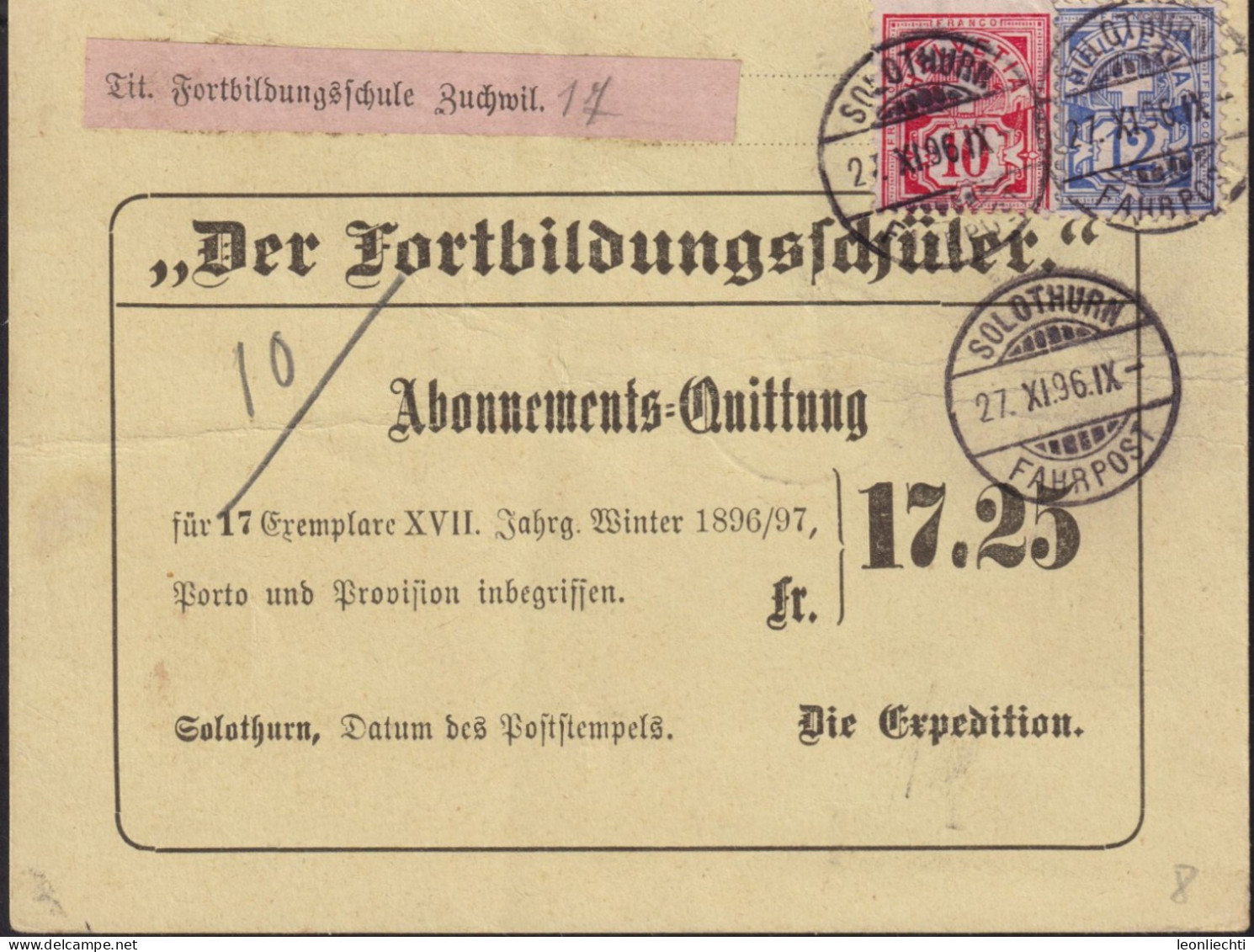 Schweiz 1896 Quittung Fortbildungsschule Zuchwil, Zum: 62B+61B, Mi 55Y+54Y, Ziffermarken (° SOLOTHURN 27.XI.96 Fahrpost) - Covers & Documents
