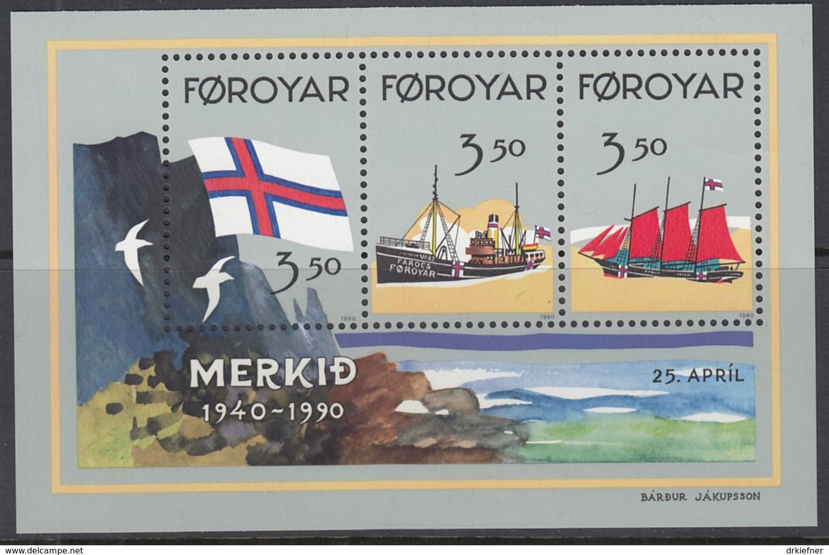 FÄRÖER Block 4, Postfrisch **, 50 Jahre Flagge Der Färöer-Inseln, 1990 - Féroé (Iles)