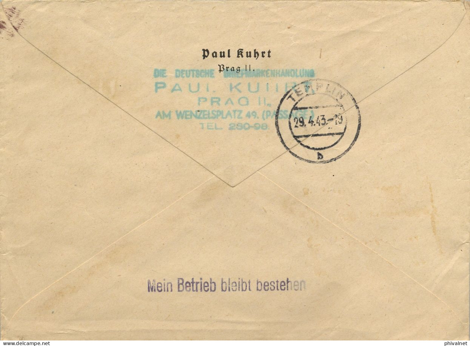 1943 BÖHMEN & MÄHREN , TELEGRAFNÍ ÚSTREDNÍ STANICE PRAHA  , CERTIFICADO A TEMPLIN , LLEGADA - Occupation 1938-45