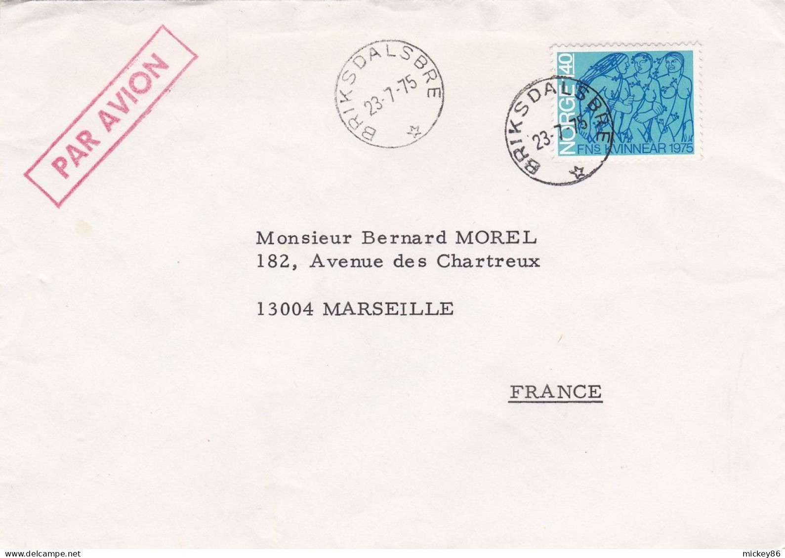 Norvège-1975-lettre De BRIKDALSBRE  Pour MARSEILLE-13 -tp FNs KINNEAR  Seul Sur Lettre....cachet  23-7-75 " - Brieven En Documenten
