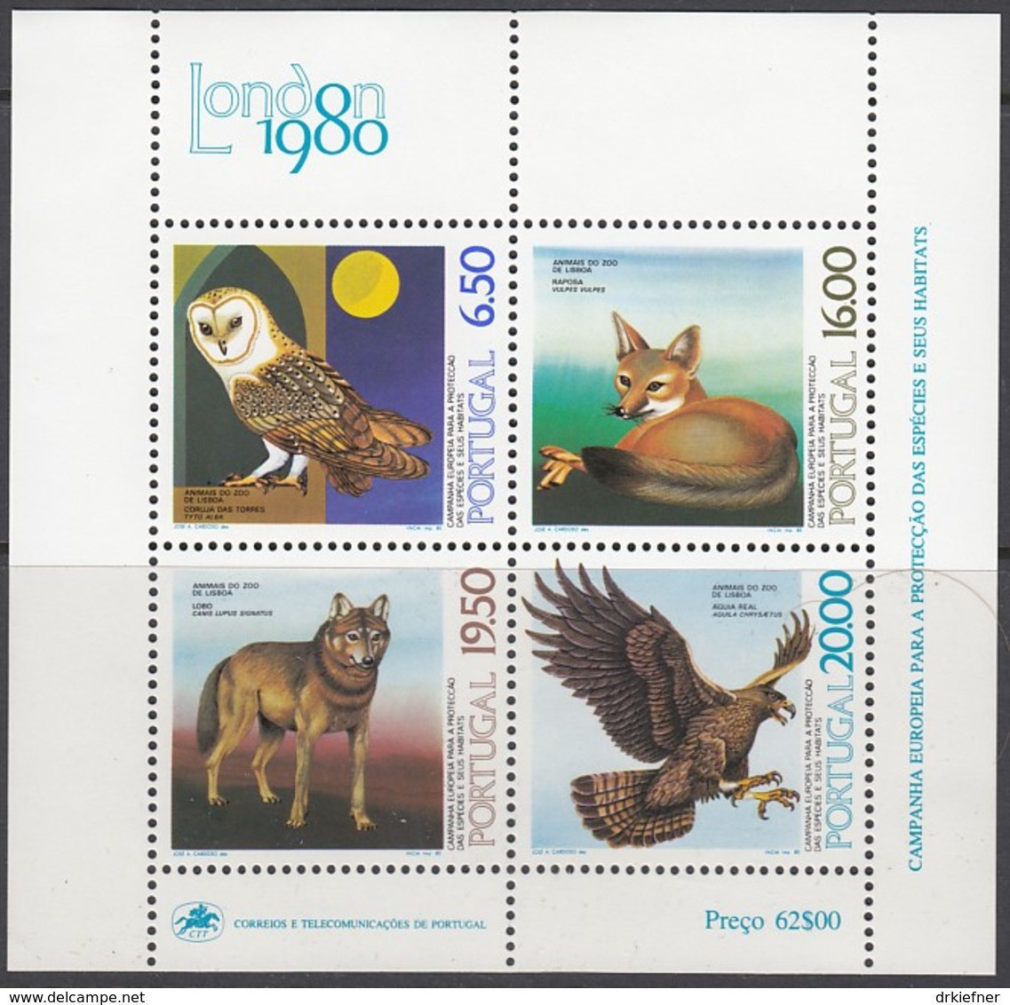 PORTUGAL  Block 30, Postfrisch **,  Europäische Artenschutzkampagne: Tiere Aus Dem Zoo Von Lissabon 1980 - Blokken & Velletjes