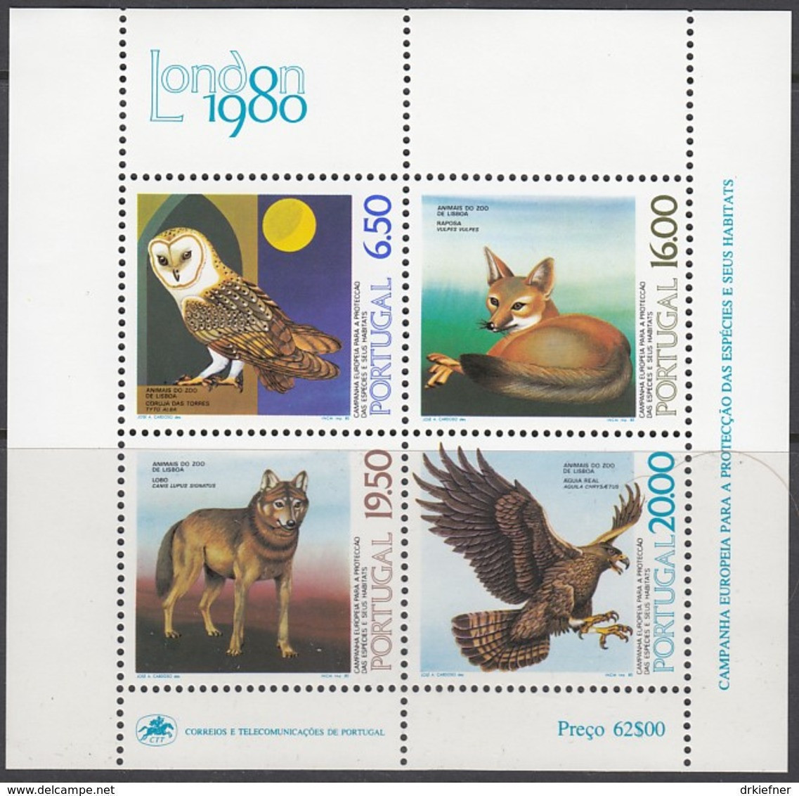 PORTUGAL  Block 30, Postfrisch **,  Europäische Artenschutzkampagne: Tiere Aus Dem Zoo Von Lissabon 1980 - Blocchi & Foglietti