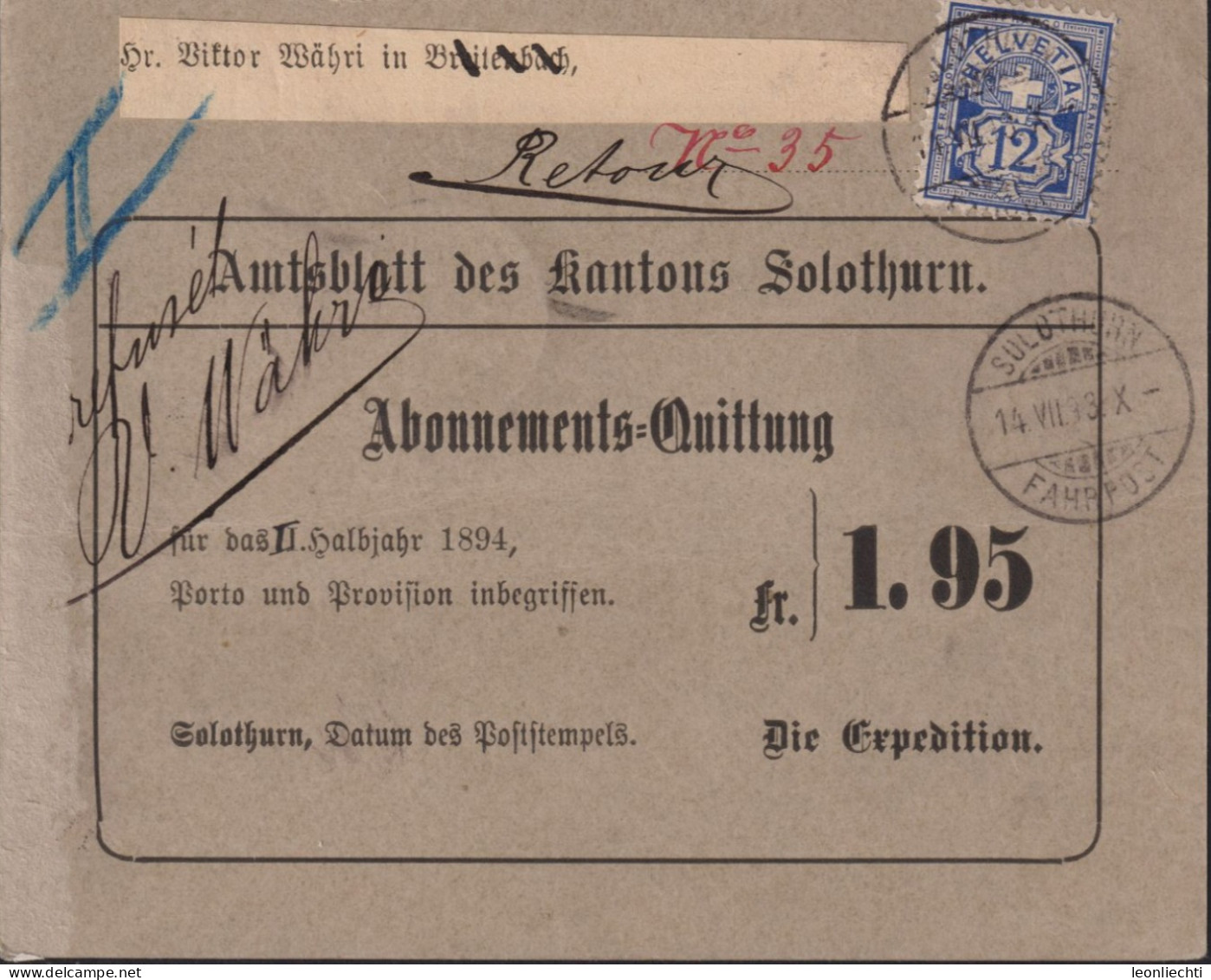 Schweiz 1894 Quittung Fortbildungsschule Zuchwil, Zum:CH 62B, Mi:CH 55Y, Ziffermarken (° SOLOTHURN 14.VII.94 Fahrpost) - Cartas & Documentos