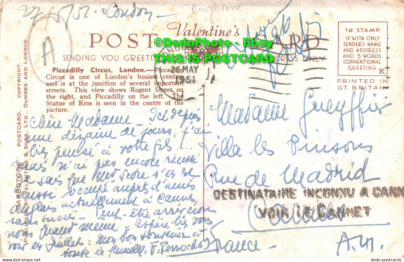 R430223 Piccadilly Circus. London. H6049. Carbotone Postcard. Valentines. 1951 - Altri & Non Classificati