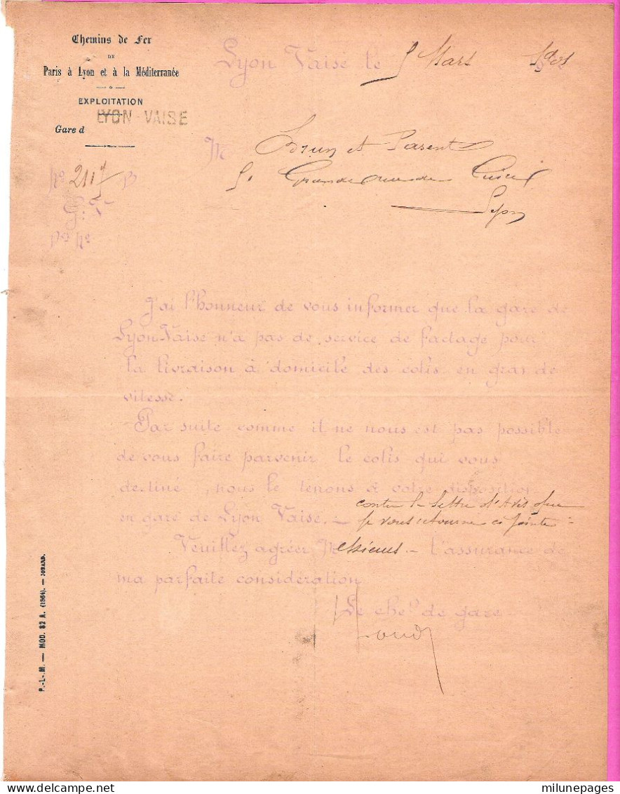 Lettre En-tête Des Chemins De Fer De P.L.M. Gare De Lyon Vaise (marque Linéaire De Gare) Mars 1901 - Railway