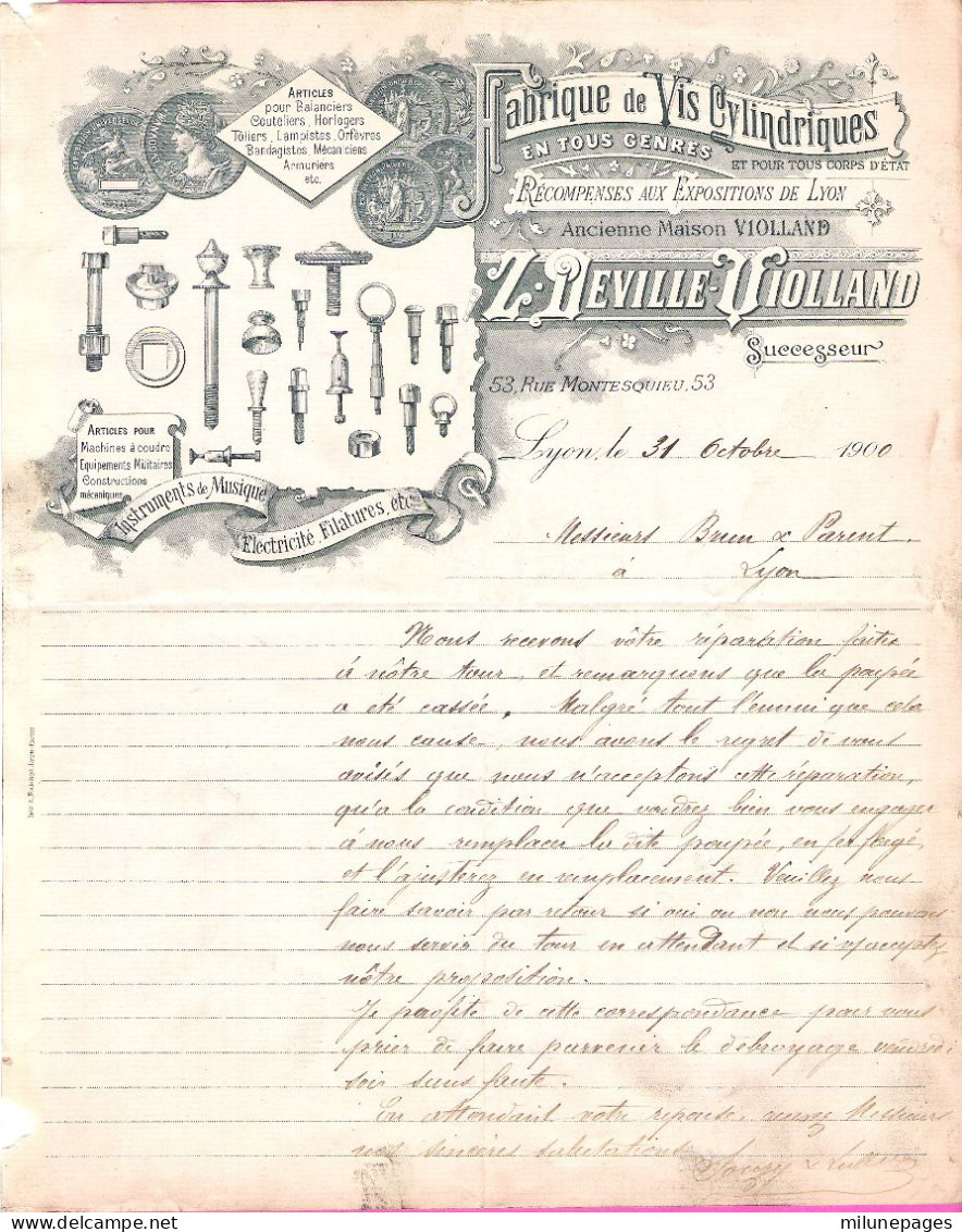 Lettre En-tête Illustrée De La Fabrique De Vis Cylindriques Deville-Violland à Lyon En 1900 - 1800 – 1899