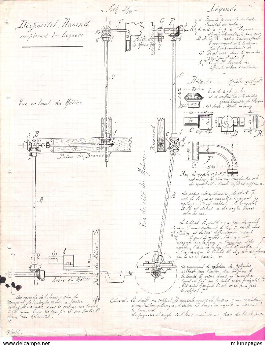 Très Joli Dessin Technique à La Plume à Main Levée D'un Dispositif Pour Loquets Sur Métier Textile Moulinage 1906 - Machines