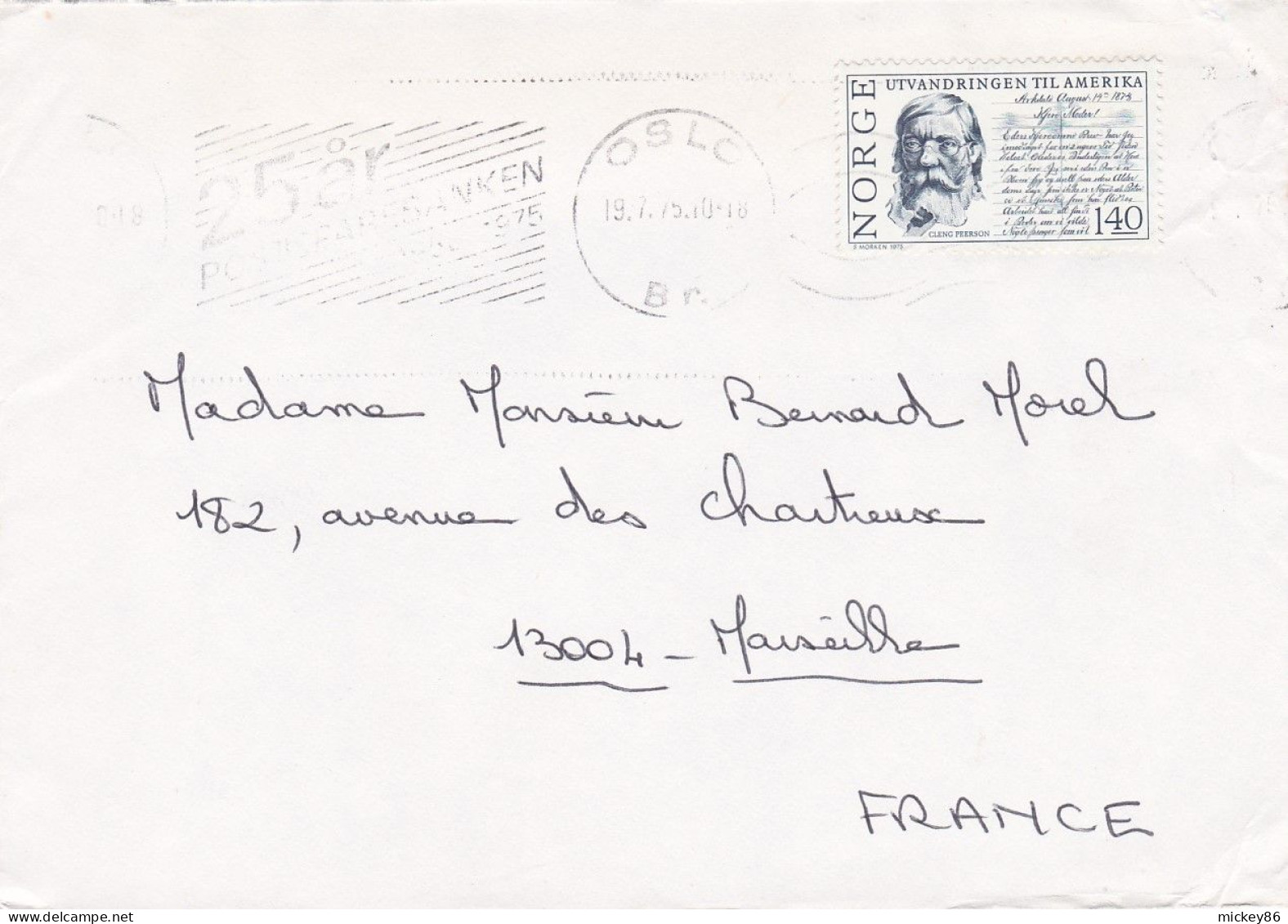 Norvège-1975-lettre De OSLO  Pour MARSEILLE-13 -tp Cleng PEERSON  Seul Sur Lettre....cachet  19-7-75 " - Brieven En Documenten