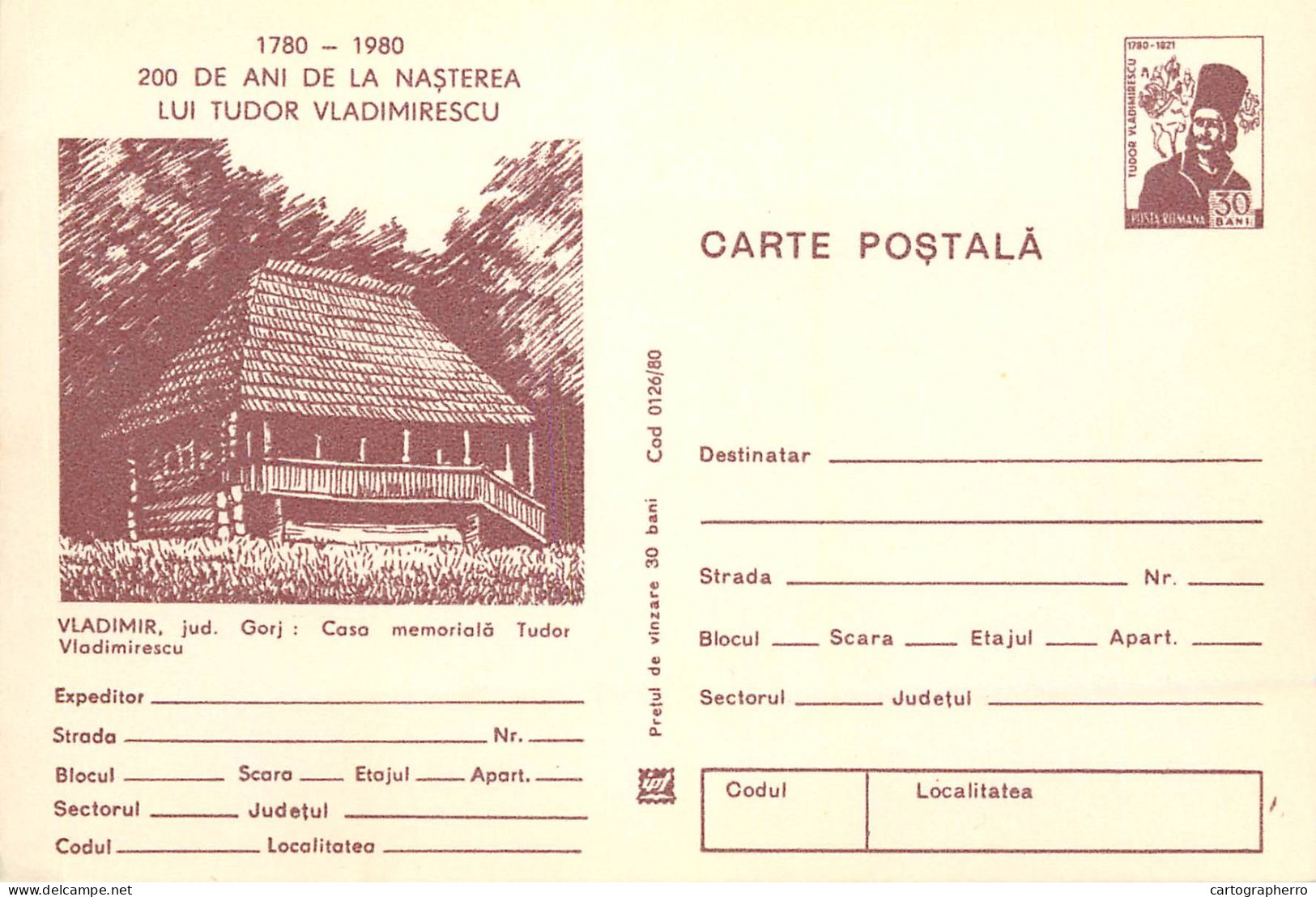 Postal Stationery Postcard Romania Vladimir Gorj Tudor Vladimirescu Casa Memoriala - Roumanie