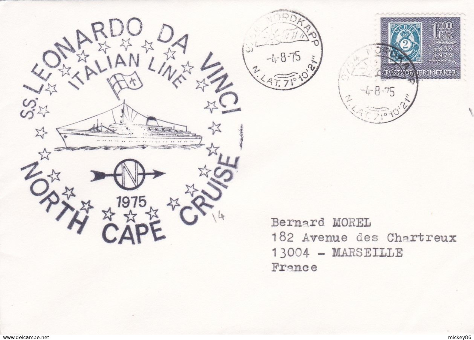 Norvège-1975-lettre De NORDKAPP  Pour MARSEILLE-13 -tp Seul Sur Lettre-cachet SS LEONARDO DA VINCI-Italian Line 4-8-75 " - Storia Postale