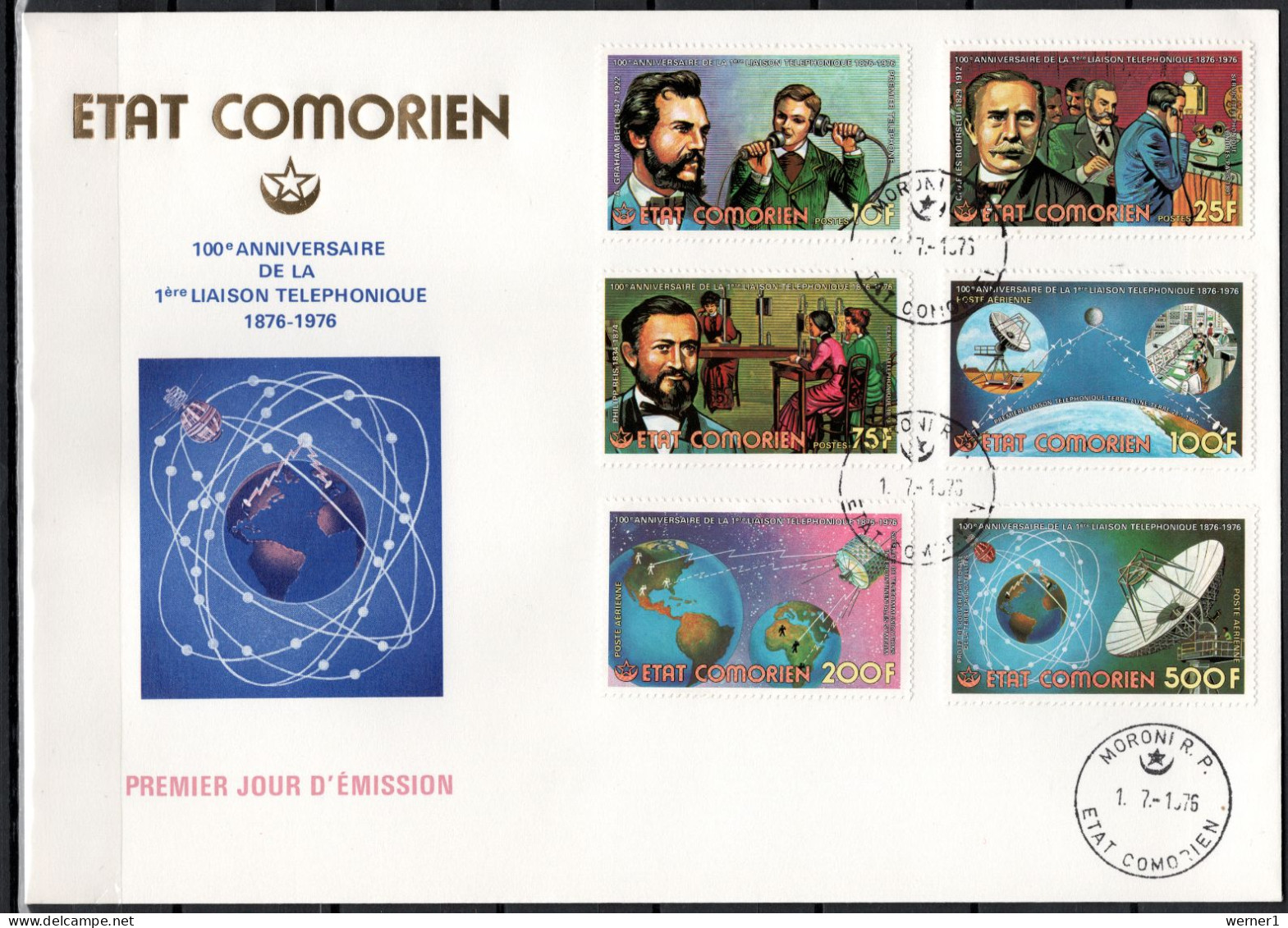 Comoro Islands - Comores 1976 Space, Telephone Centenary Set Of 6 + 2 S/s On 3 FDC - Afrika