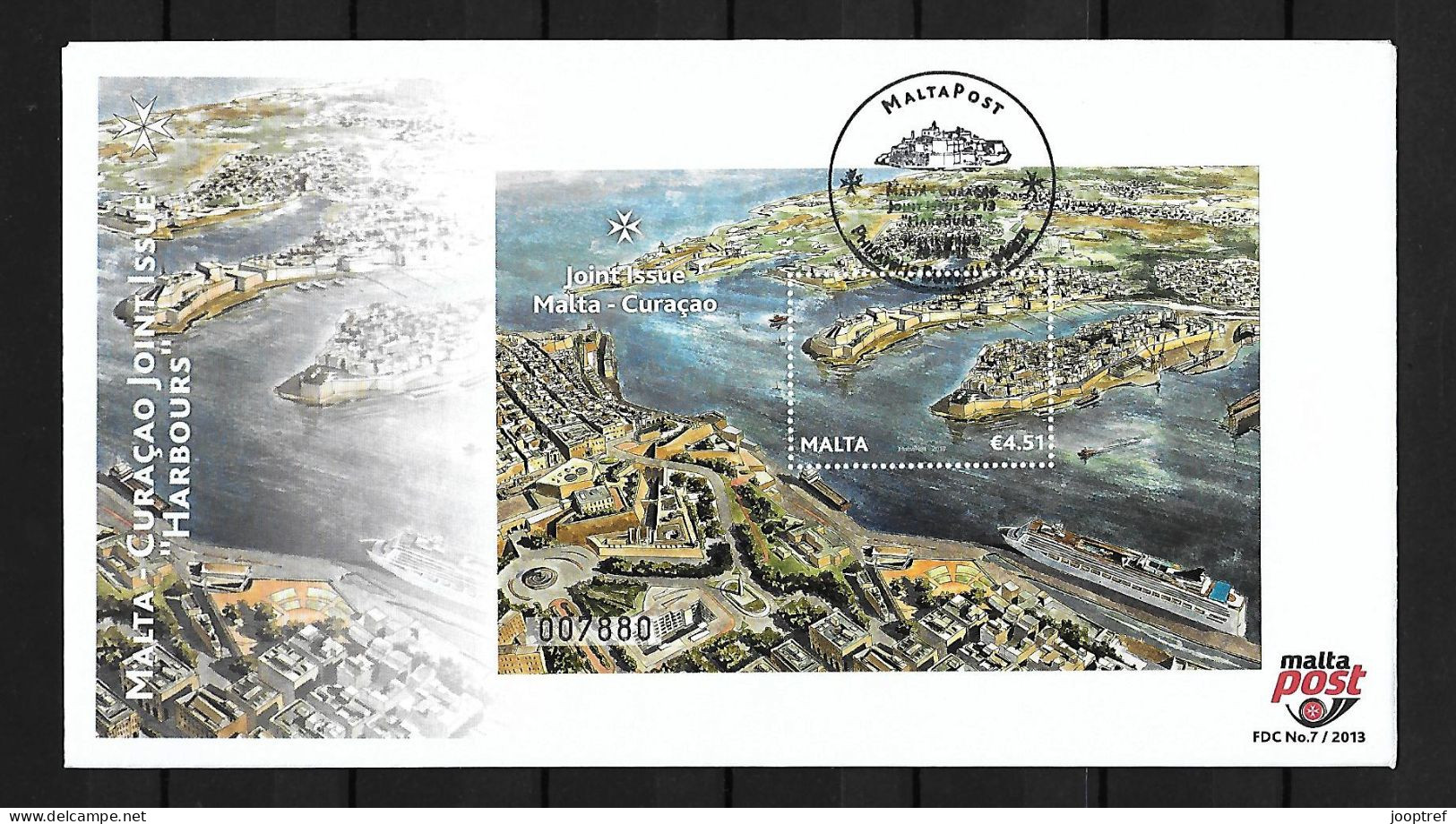 2013 Joint Malta And Curacao, FDC MALTA WITH SOUVENIR SHEET: Harbours - Emisiones Comunes