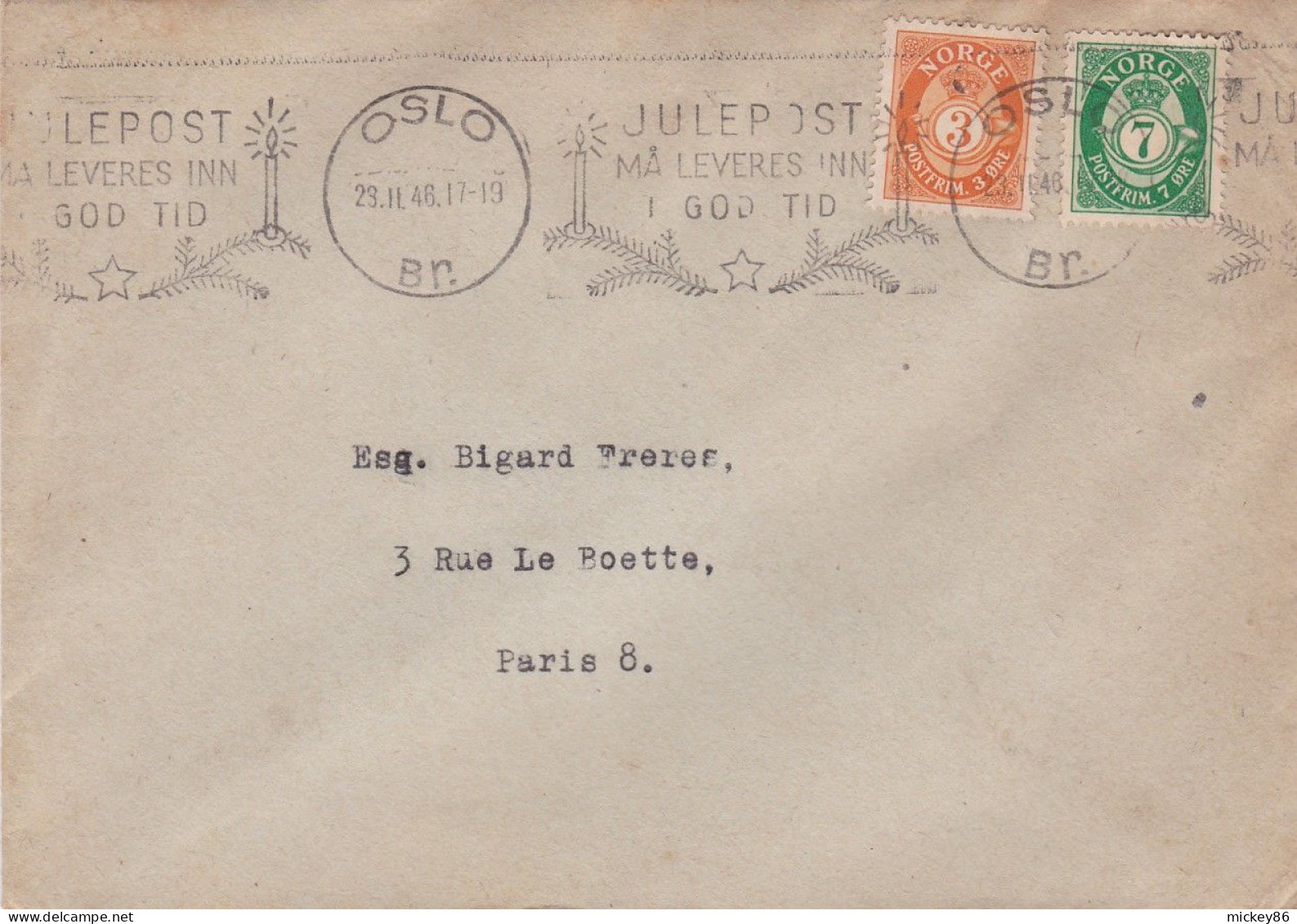 Norvège-1946-lettre D'OSLO  Pour PARIS 8° (France) -ttimbre Sur Lettre-cachet Mécanique" JULEPOST Du 29-11-46 " - Brieven En Documenten