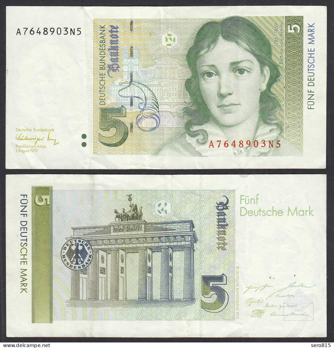 BRD 5 DM Bundesbanknote 1.8.1991 Ro 296a Serie A Gebraucht   (31013 - Autres & Non Classés