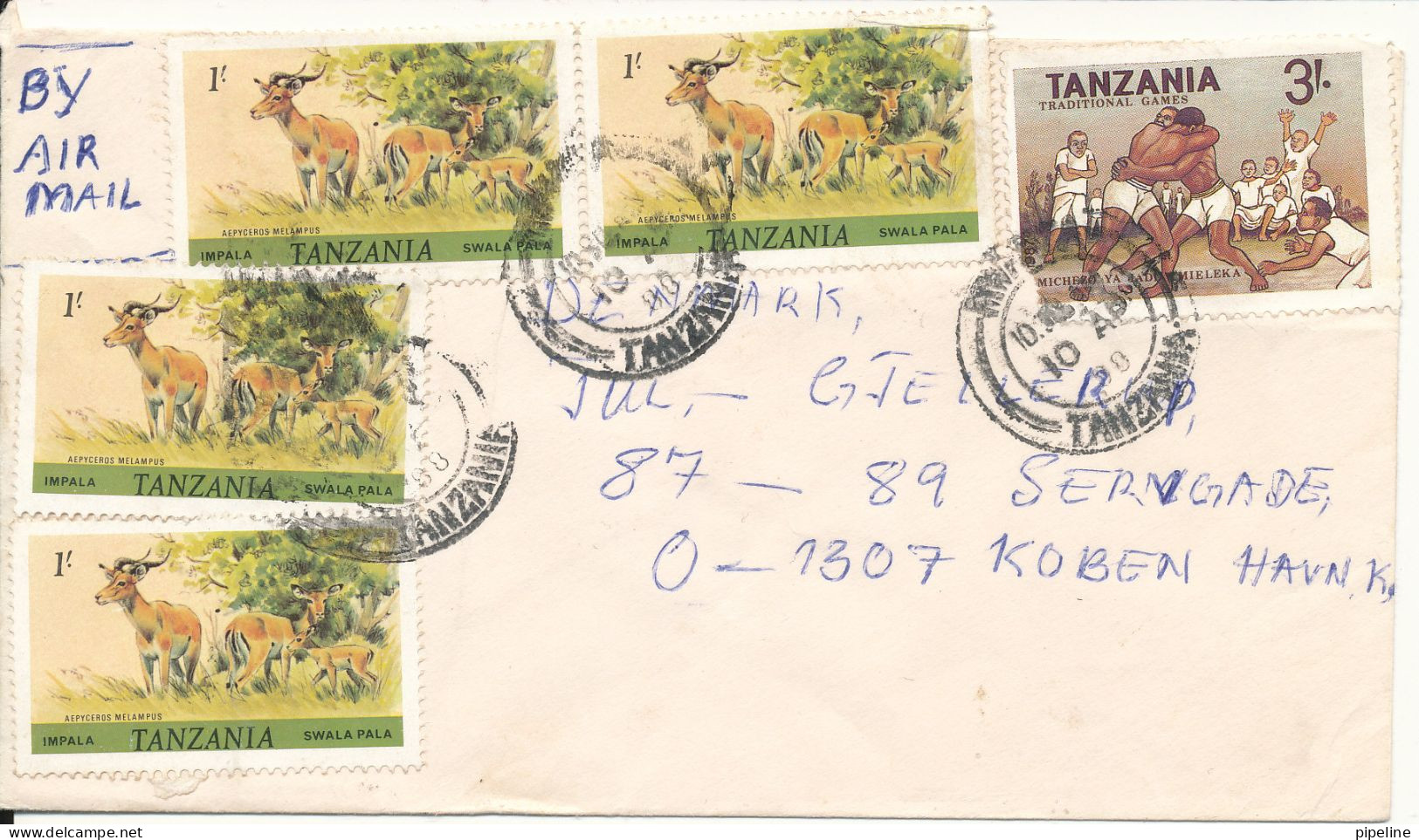Tanzania Cover Sent To Denmark 10-4-1988 Topic Stamps (one Of The Stamps Is Damaged) - Tanzanie (1964-...)