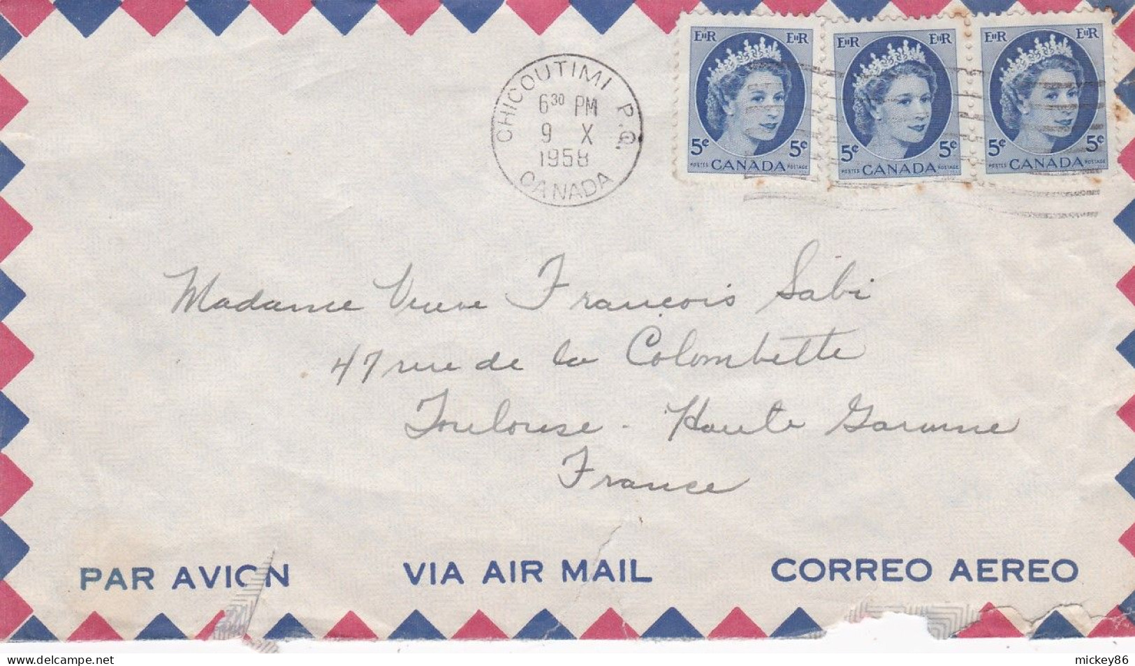 CANADA-1958-lettre De CHICOUTIMI  Pour TOULOUSE-31 (France) -timbres X 3 Sur Lettre-cachet  9-X-1958 - Storia Postale