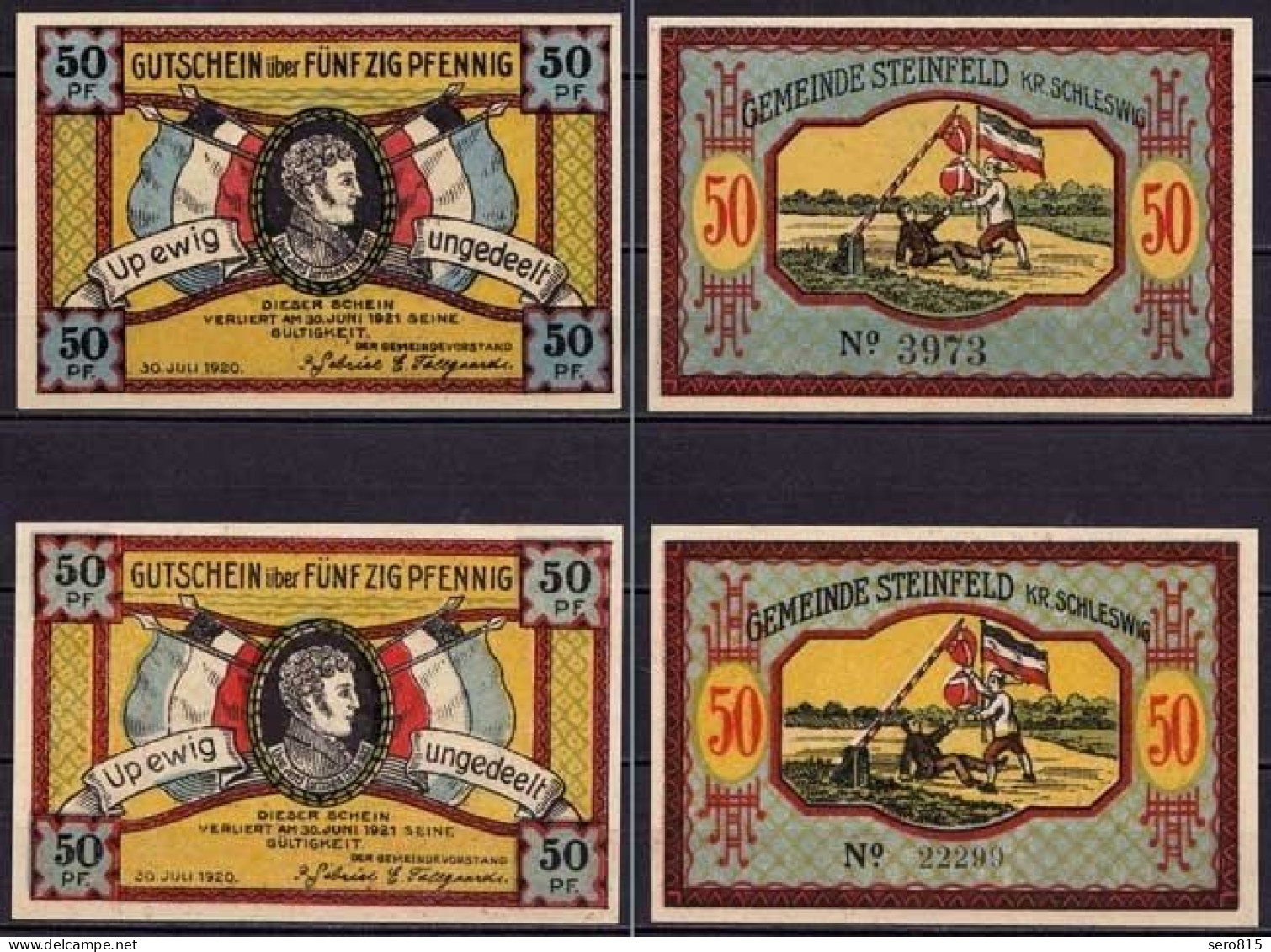 Schleswig Holstein - Steinfeld  2 X 50 Pfennig 4- + 5-stellig Notgeld 1920(ca496 - Other & Unclassified