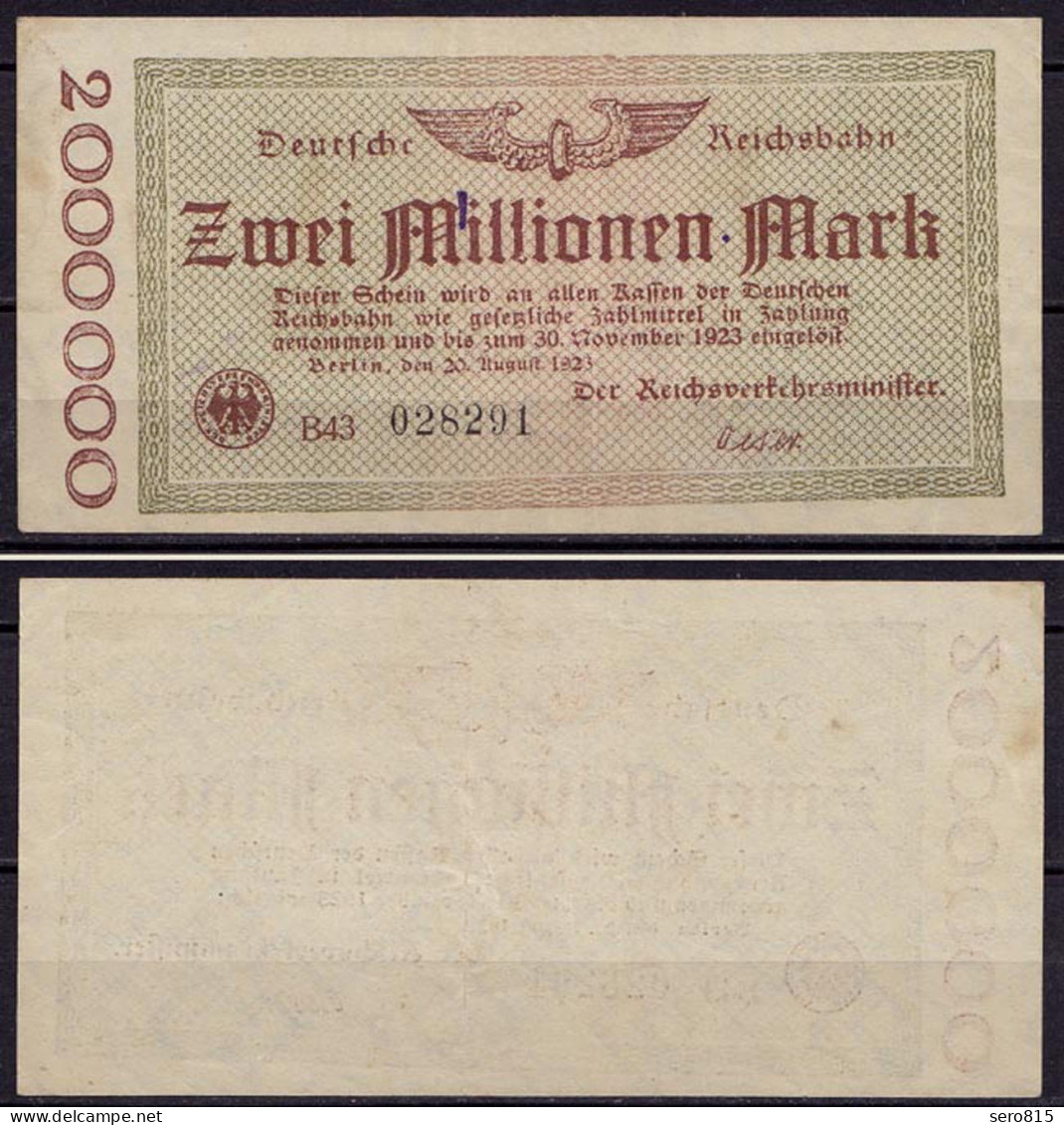 Reichsbahn Berlin 2 Millionen Mark 1923 XF (ca976 - Autres & Non Classés