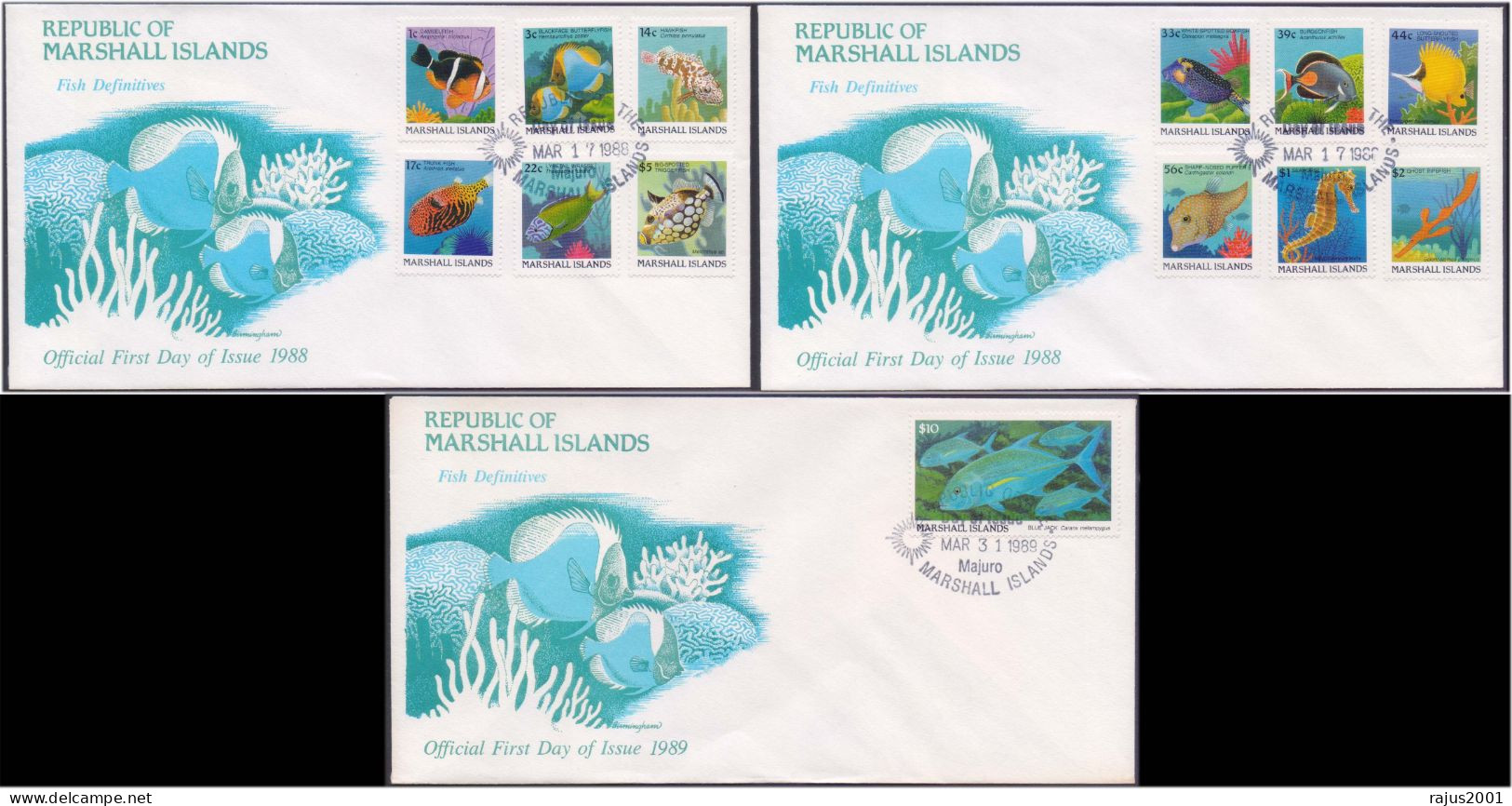 Coral Reef Marine Life Underwater, Surgeon Fish Ghost Pipe, Seahorse, Blue Jack High Value Stamps Marshall Set Of 3 FDC - Poissons