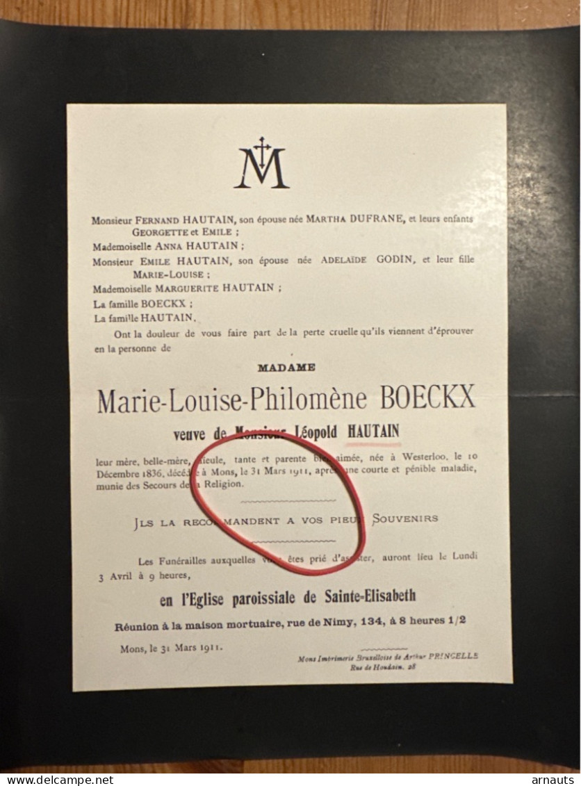 Madame Marie-Louise-Philomene Boeckx Veuve Leopold Hautain *1836 Westerlo +1911 Mons Dufrane Godin - Avvisi Di Necrologio