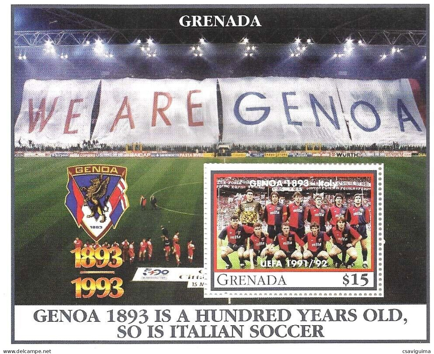 Grenada - 1993 - Soccer: Famous Clubs: Genoa (Italian) - Yv Bf 333 - Clubs Mythiques